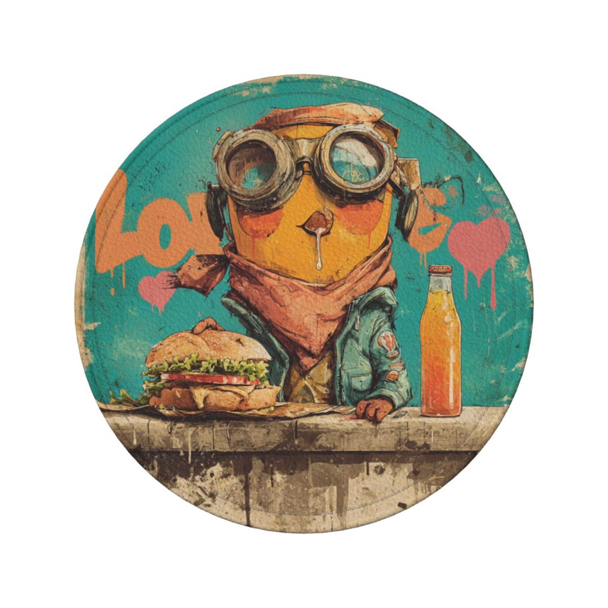 Round Leather Coaster Set of 6 with Fun Cartoon Character - Includes Storage Base, Heat - Insulation and Anti - Slip Coasters (Diameter 3.9in/10cm)