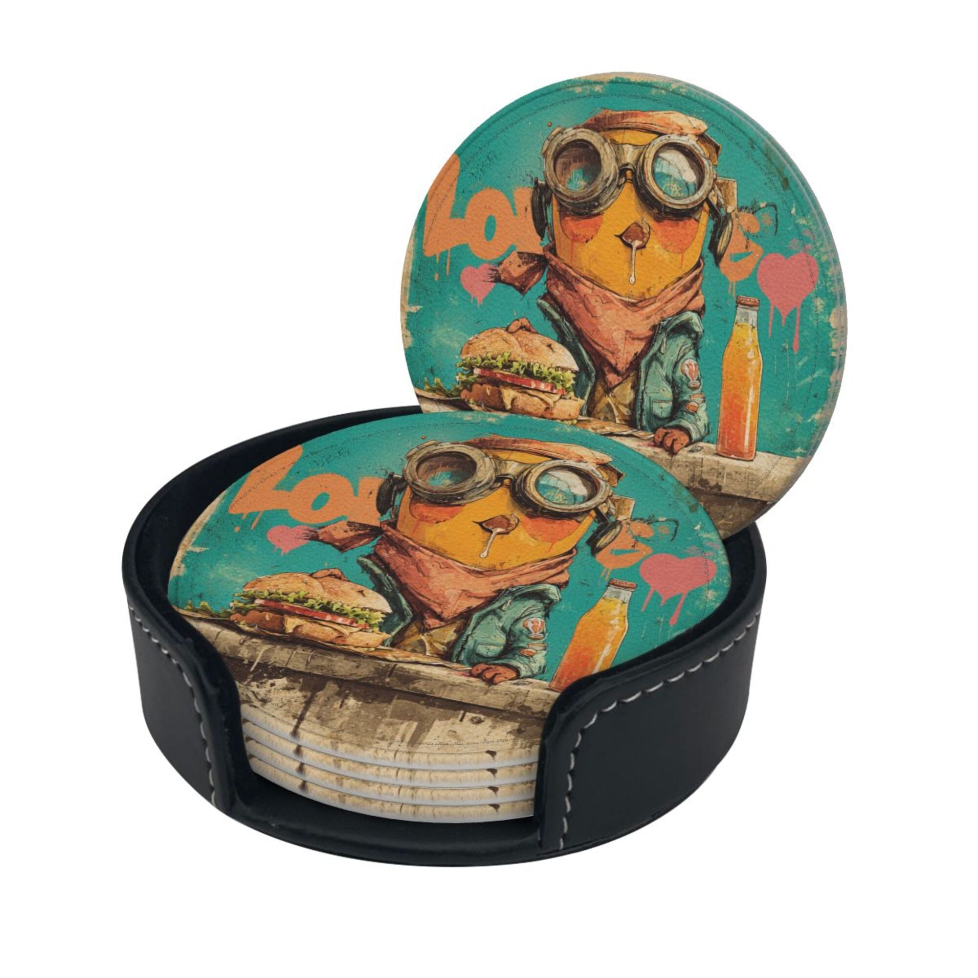 Round Leather Coaster Set of 6 with Fun Cartoon Character - Includes Storage Base, Heat - Insulation and Anti - Slip Coasters (Diameter 3.9in/10cm)