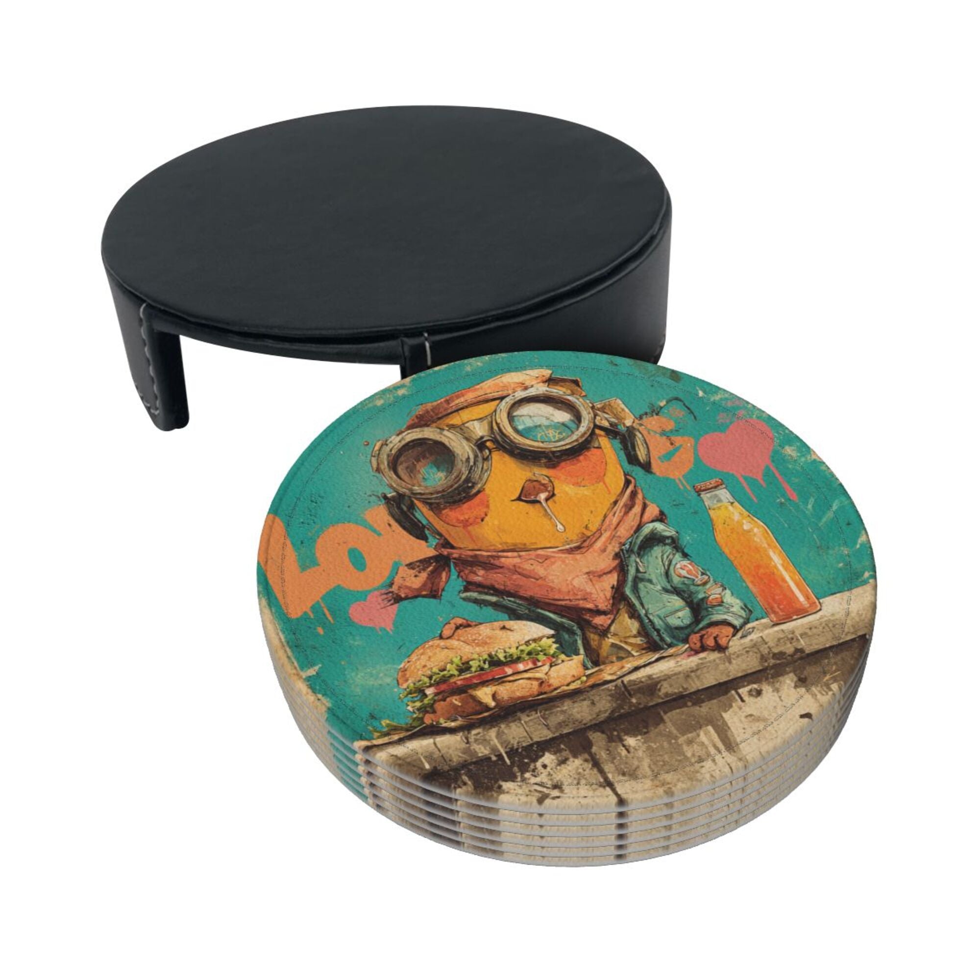 Round Leather Coaster Set of 6 with Fun Cartoon Character - Includes Storage Base, Heat - Insulation and Anti - Slip Coasters (Diameter 3.9in/10cm)