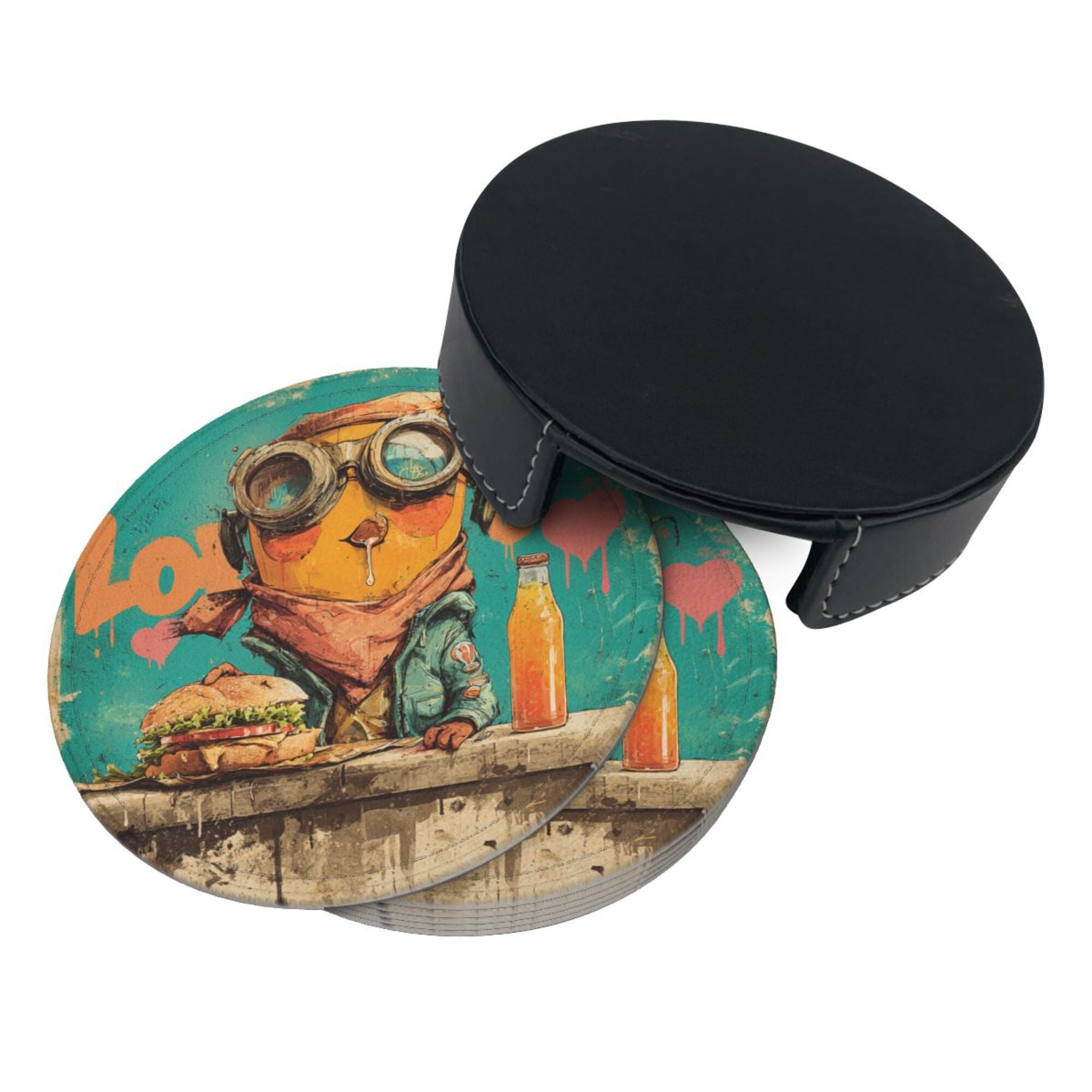 Round Leather Coaster Set of 6 with Fun Cartoon Character - Includes Storage Base, Heat - Insulation and Anti - Slip Coasters (Diameter 3.9in/10cm)