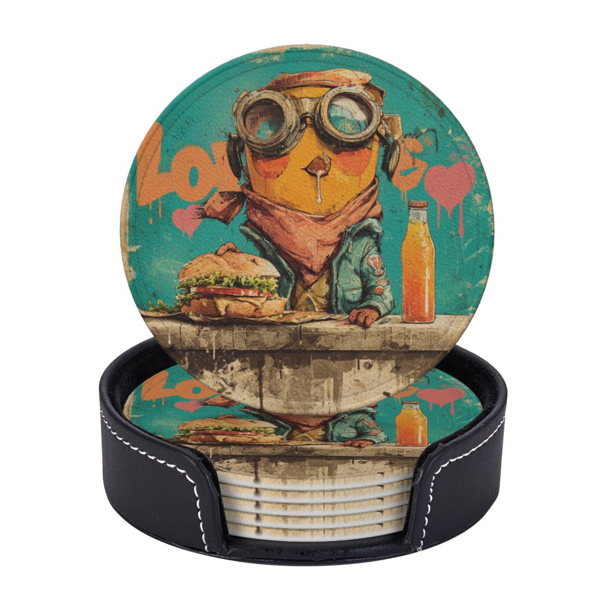 Round Leather Coaster Set of 6 with Fun Cartoon Character - Includes Storage Base, Heat - Insulation and Anti - Slip Coasters (Diameter 3.9in/10cm)