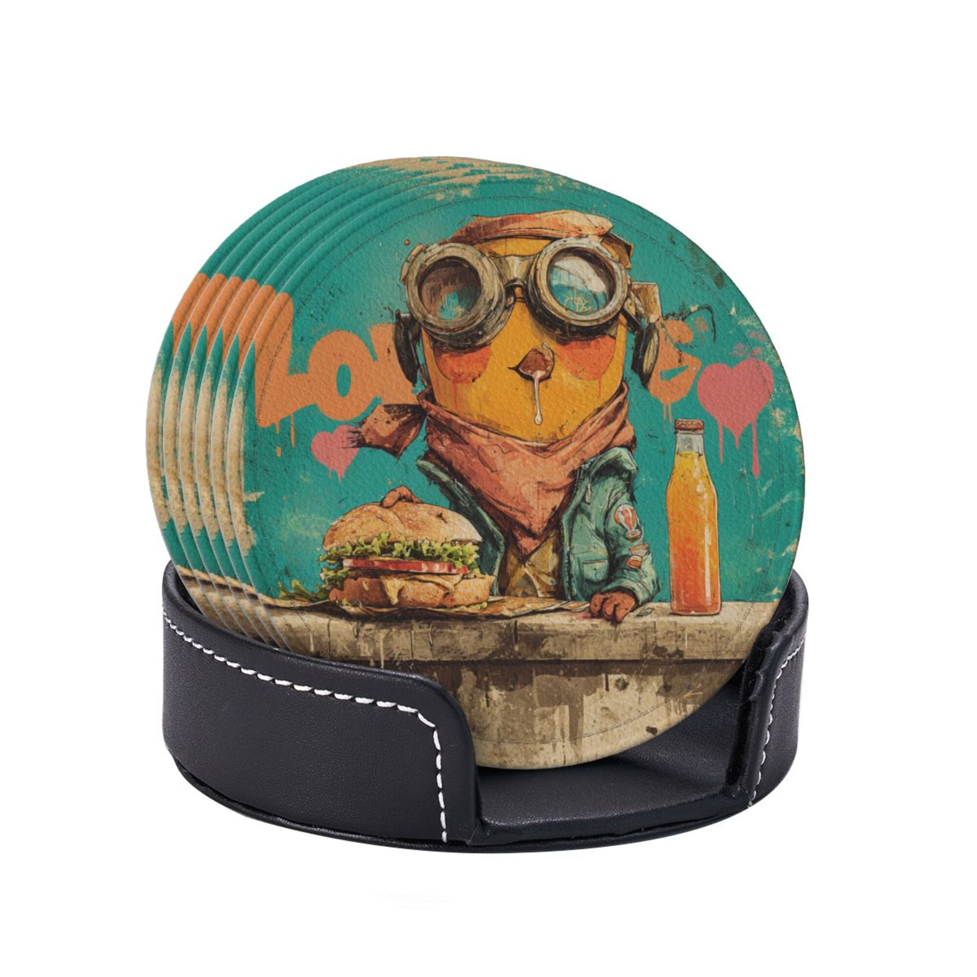 Round Leather Coaster Set of 6 with Fun Cartoon Character - Includes Storage Base, Heat - Insulation and Anti - Slip Coasters (Diameter 3.9in/10cm)