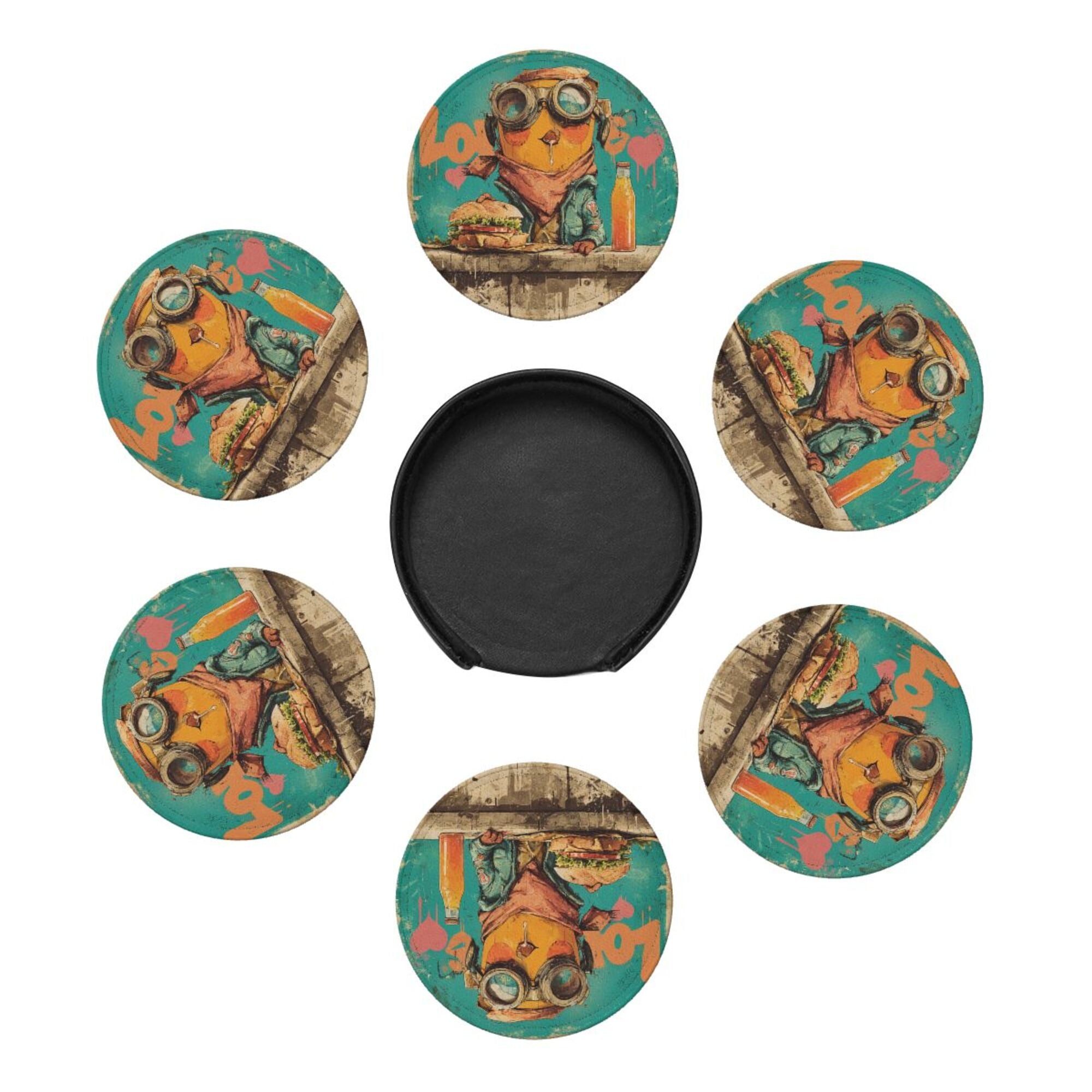 Round Leather Coaster Set of 6 with Fun Cartoon Character - Includes Storage Base, Heat - Insulation and Anti - Slip Coasters (Diameter 3.9in/10cm)