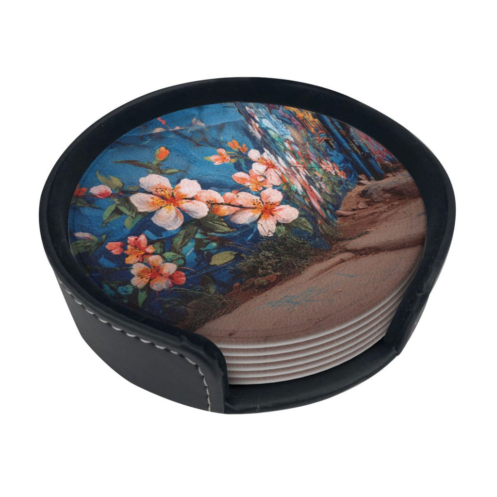 Round Leather Coaster Set of 6 with Artistic Floral Mural Design - Includes Storage Base, Heat - Insulation and Anti - Slip Coasters (Diameter 3.9in/10cm)