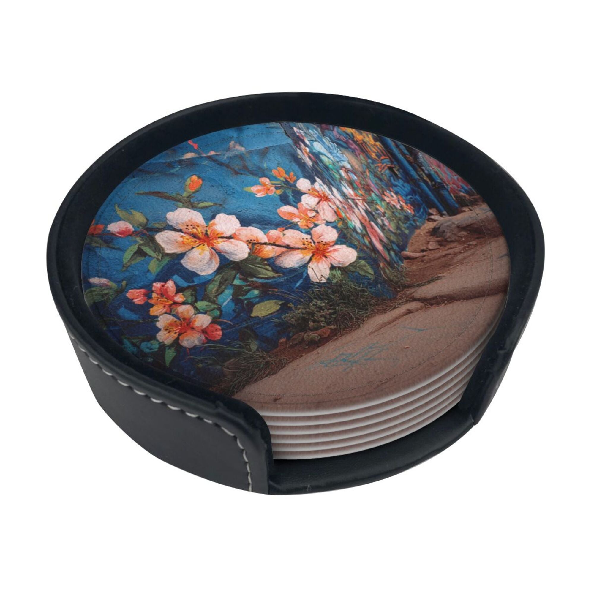 Round Leather Coaster Set of 6 with Artistic Floral Mural Design - Includes Storage Base, Heat - Insulation and Anti - Slip Coasters (Diameter 3.9in/10cm)