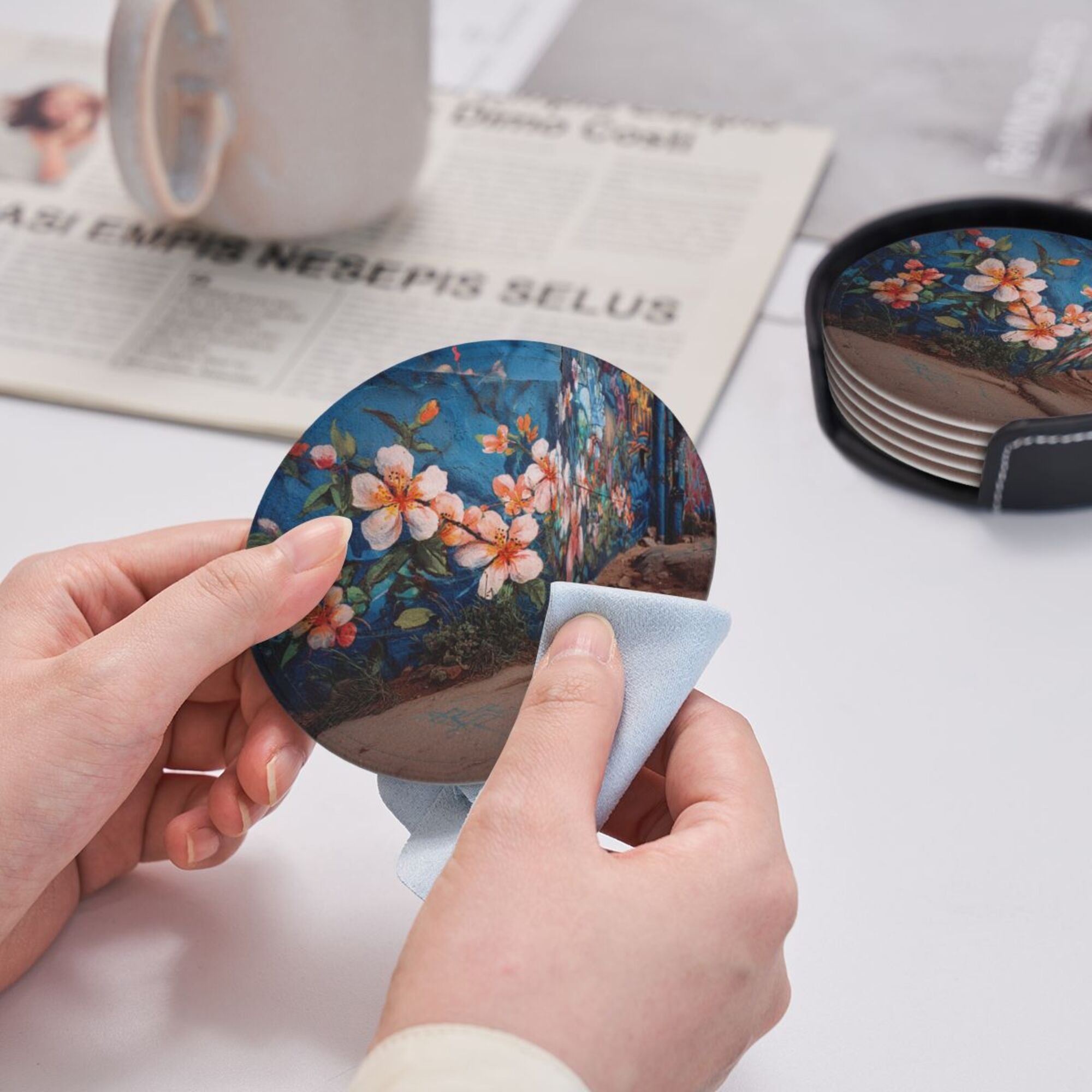 Round Leather Coaster Set of 6 with Artistic Floral Mural Design - Includes Storage Base, Heat - Insulation and Anti - Slip Coasters (Diameter 3.9in/10cm)