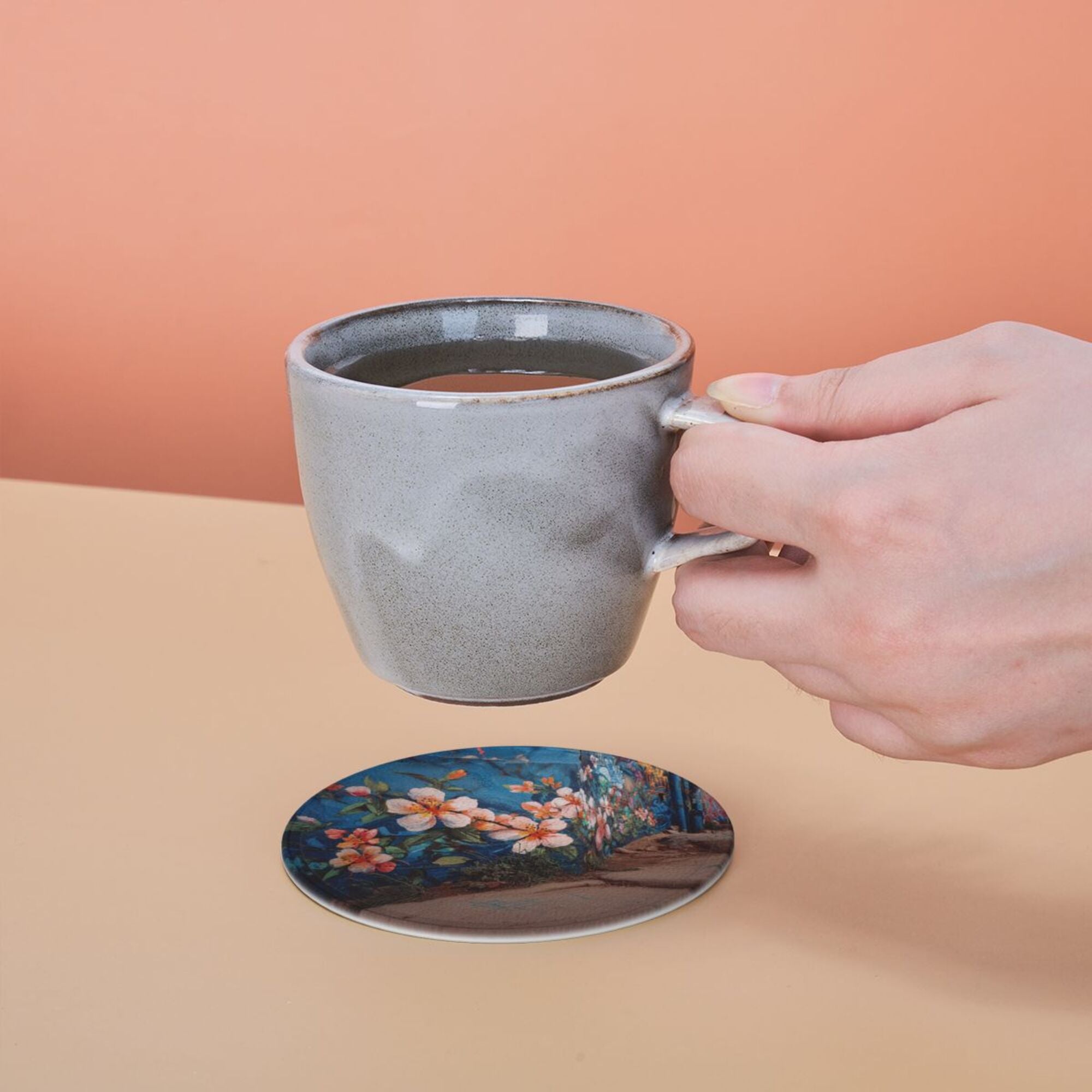 Round Leather Coaster Set of 6 with Artistic Floral Mural Design - Includes Storage Base, Heat - Insulation and Anti - Slip Coasters (Diameter 3.9in/10cm)