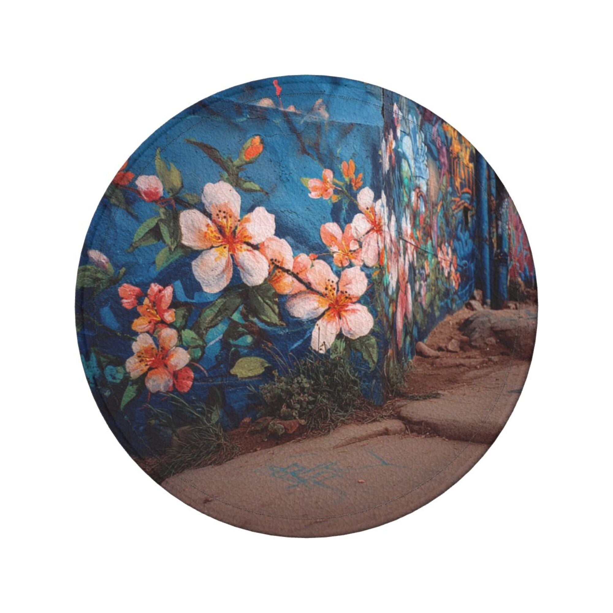 Round Leather Coaster Set of 6 with Artistic Floral Mural Design - Includes Storage Base, Heat - Insulation and Anti - Slip Coasters (Diameter 3.9in/10cm)