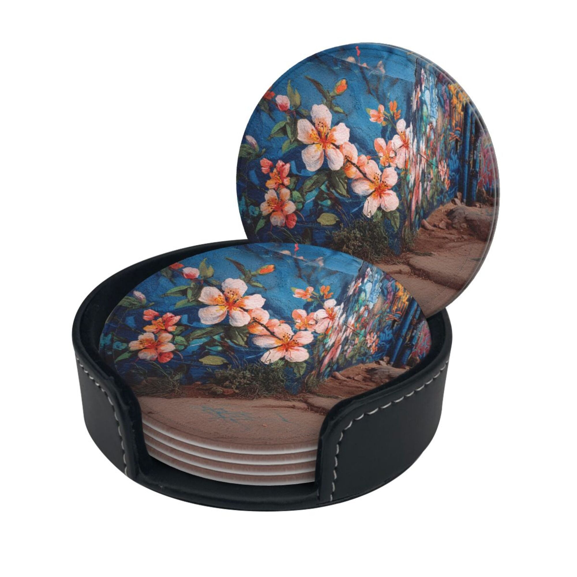 Round Leather Coaster Set of 6 with Artistic Floral Mural Design - Includes Storage Base, Heat - Insulation and Anti - Slip Coasters (Diameter 3.9in/10cm)