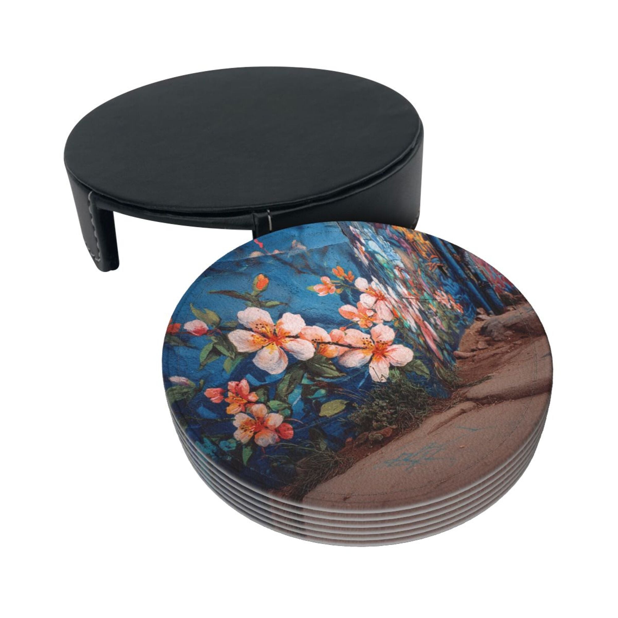 Round Leather Coaster Set of 6 with Artistic Floral Mural Design - Includes Storage Base, Heat - Insulation and Anti - Slip Coasters (Diameter 3.9in/10cm)