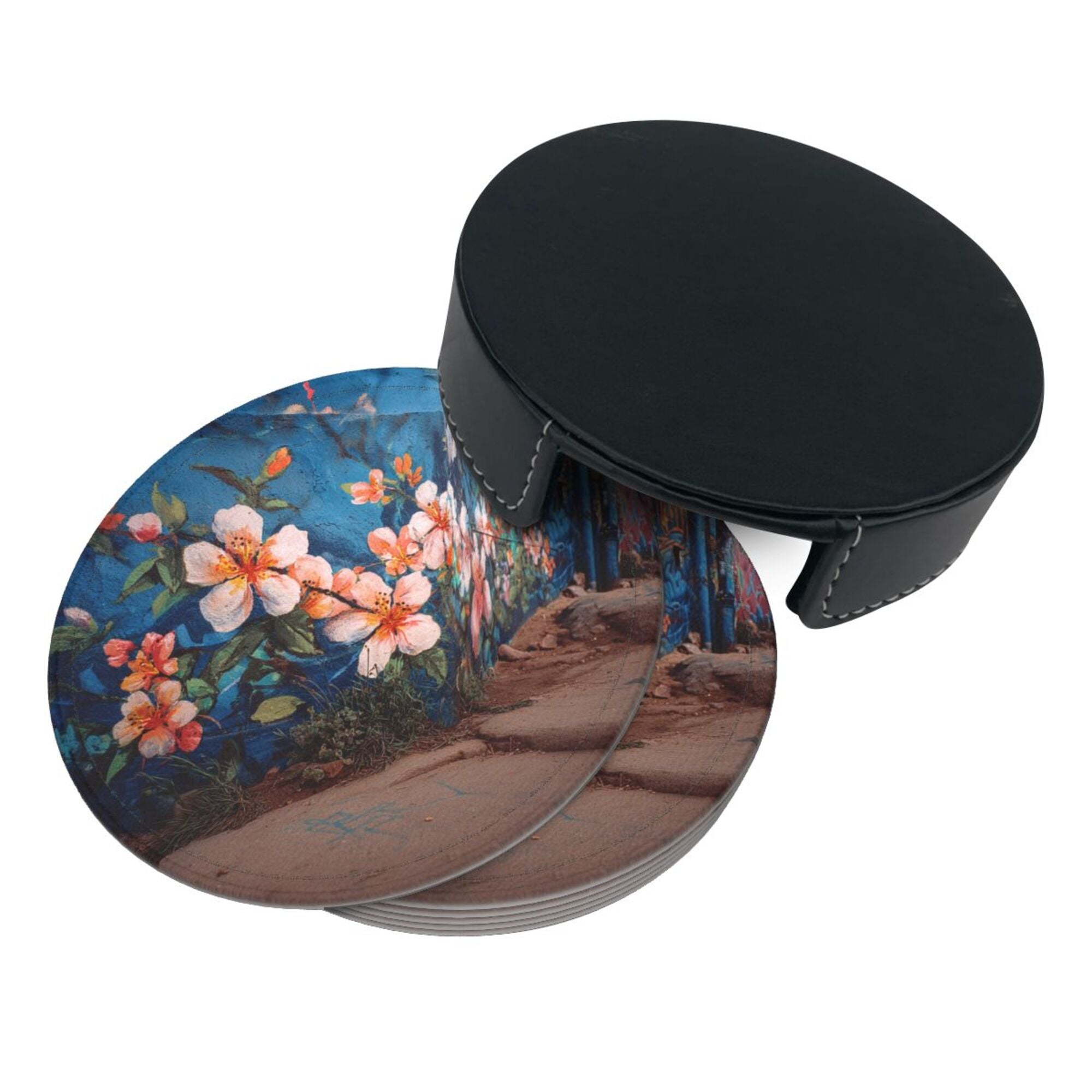 Round Leather Coaster Set of 6 with Artistic Floral Mural Design - Includes Storage Base, Heat - Insulation and Anti - Slip Coasters (Diameter 3.9in/10cm)