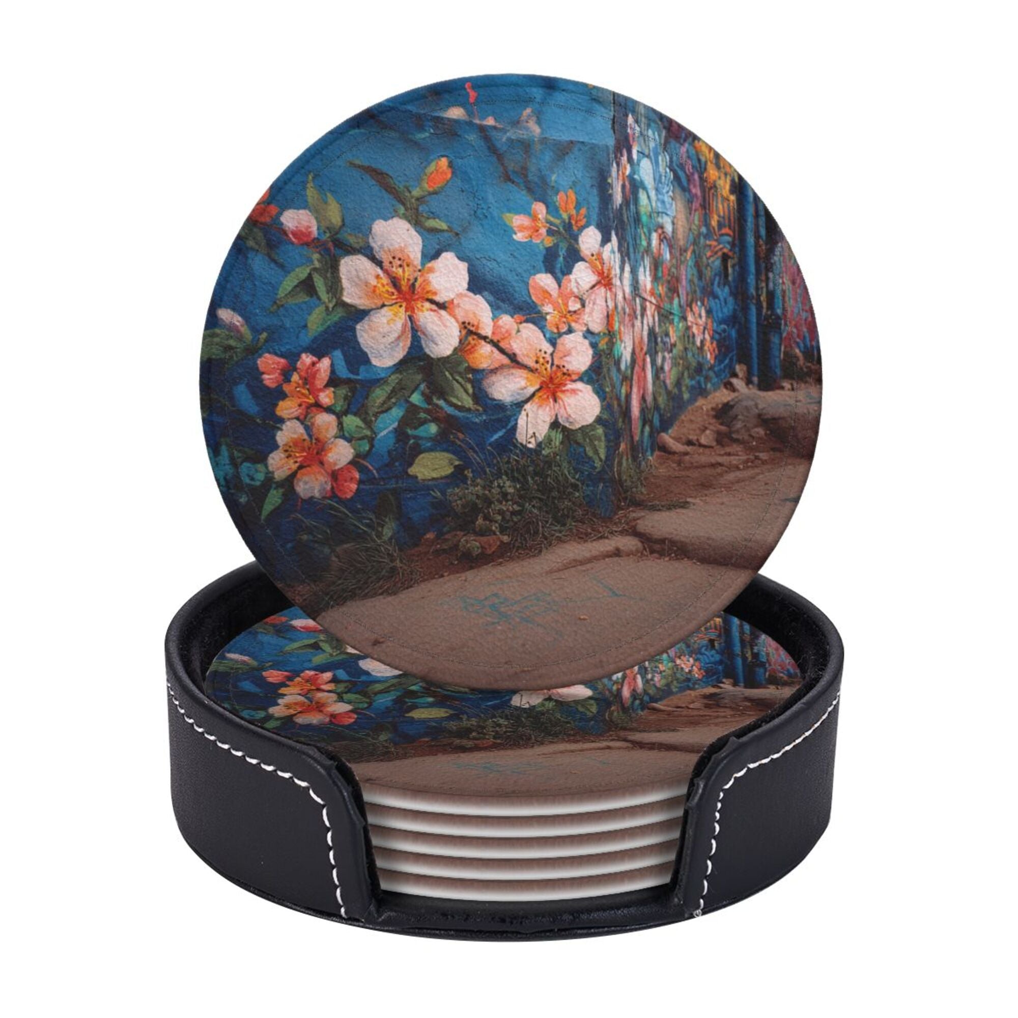 Round Leather Coaster Set of 6 with Artistic Floral Mural Design - Includes Storage Base, Heat - Insulation and Anti - Slip Coasters (Diameter 3.9in/10cm)