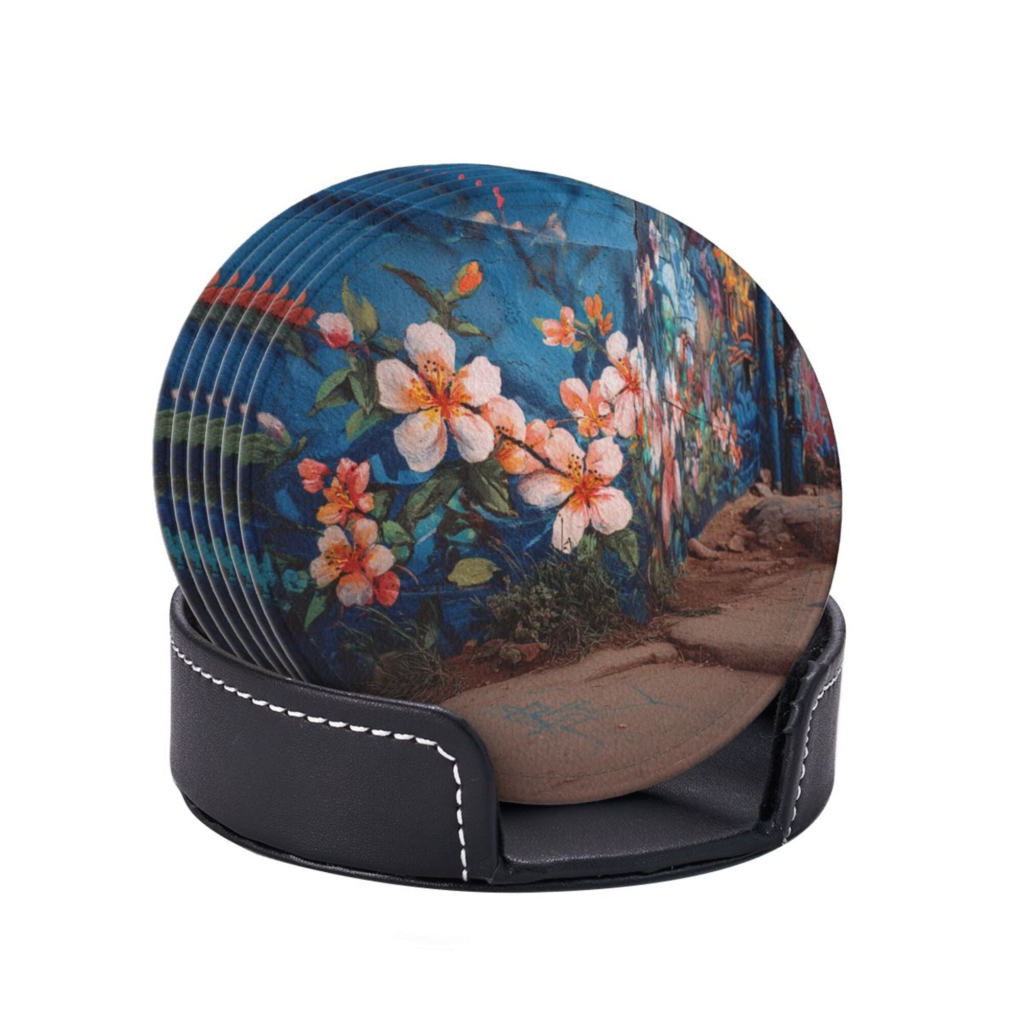 Round Leather Coaster Set of 6 with Artistic Floral Mural Design - Includes Storage Base, Heat - Insulation and Anti - Slip Coasters (Diameter 3.9in/10cm)