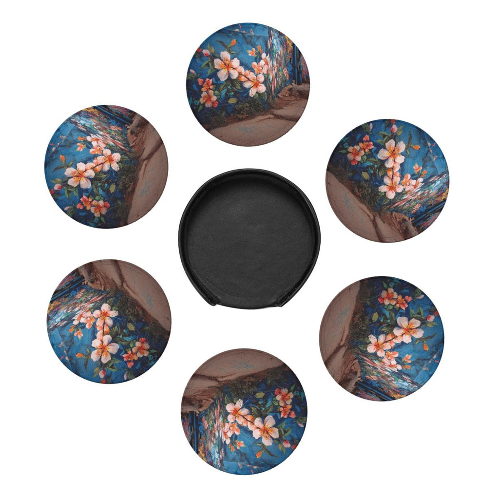 Round Leather Coaster Set of 6 with Artistic Floral Mural Design - Includes Storage Base, Heat - Insulation and Anti - Slip Coasters (Diameter 3.9in/10cm)