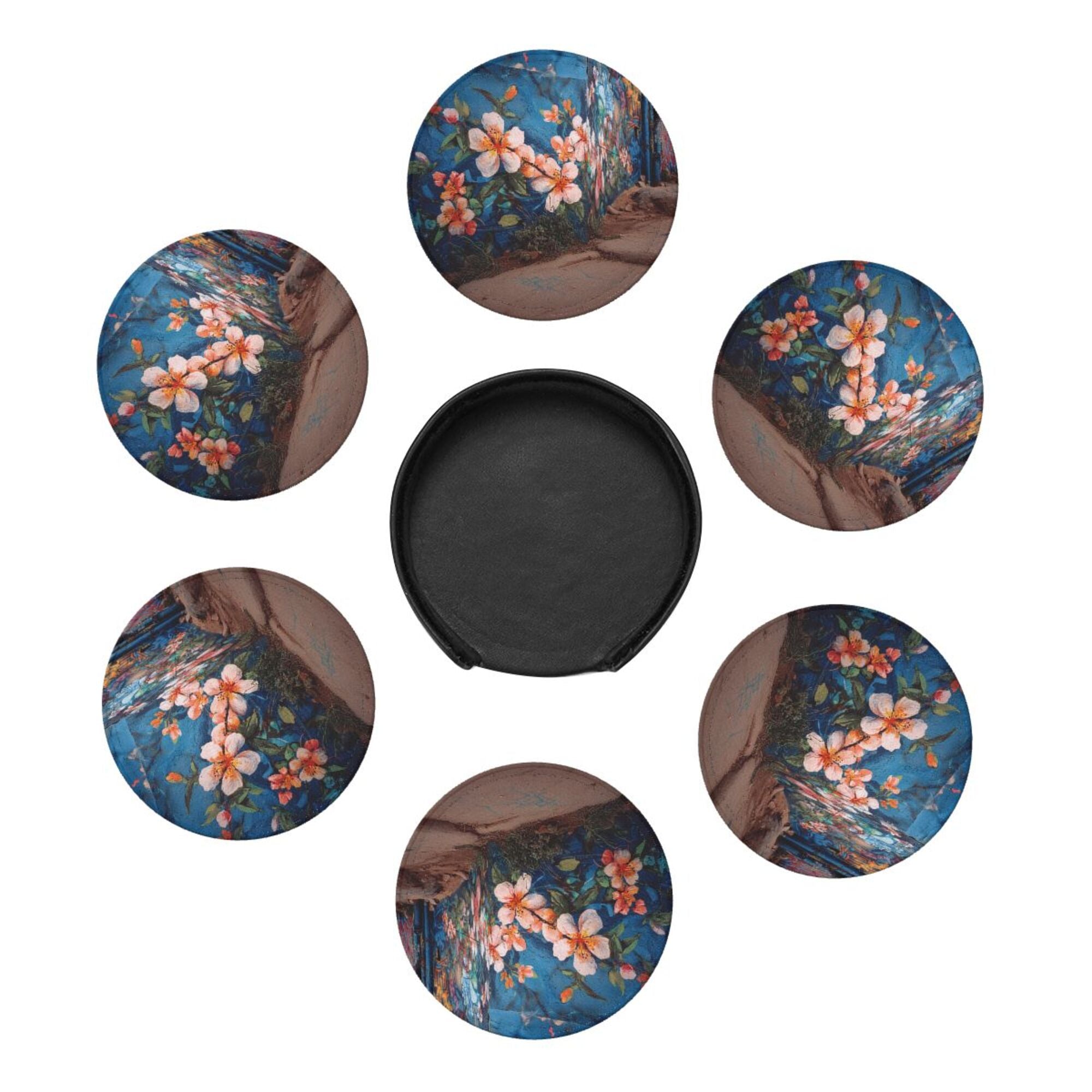 Round Leather Coaster Set of 6 with Artistic Floral Mural Design - Includes Storage Base, Heat - Insulation and Anti - Slip Coasters (Diameter 3.9in/10cm)