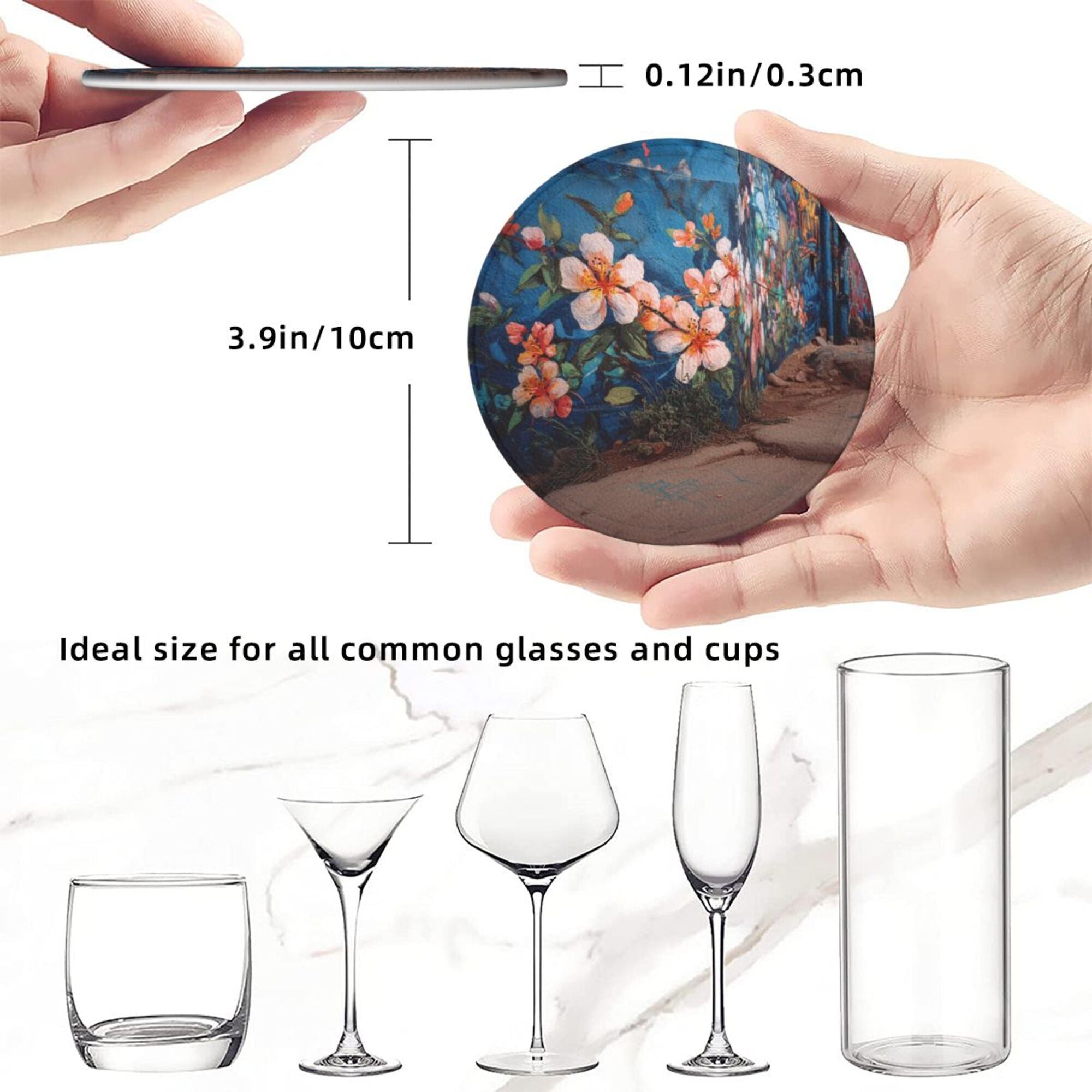 Round Leather Coaster Set of 6 with Artistic Floral Mural Design - Includes Storage Base, Heat - Insulation and Anti - Slip Coasters (Diameter 3.9in/10cm)