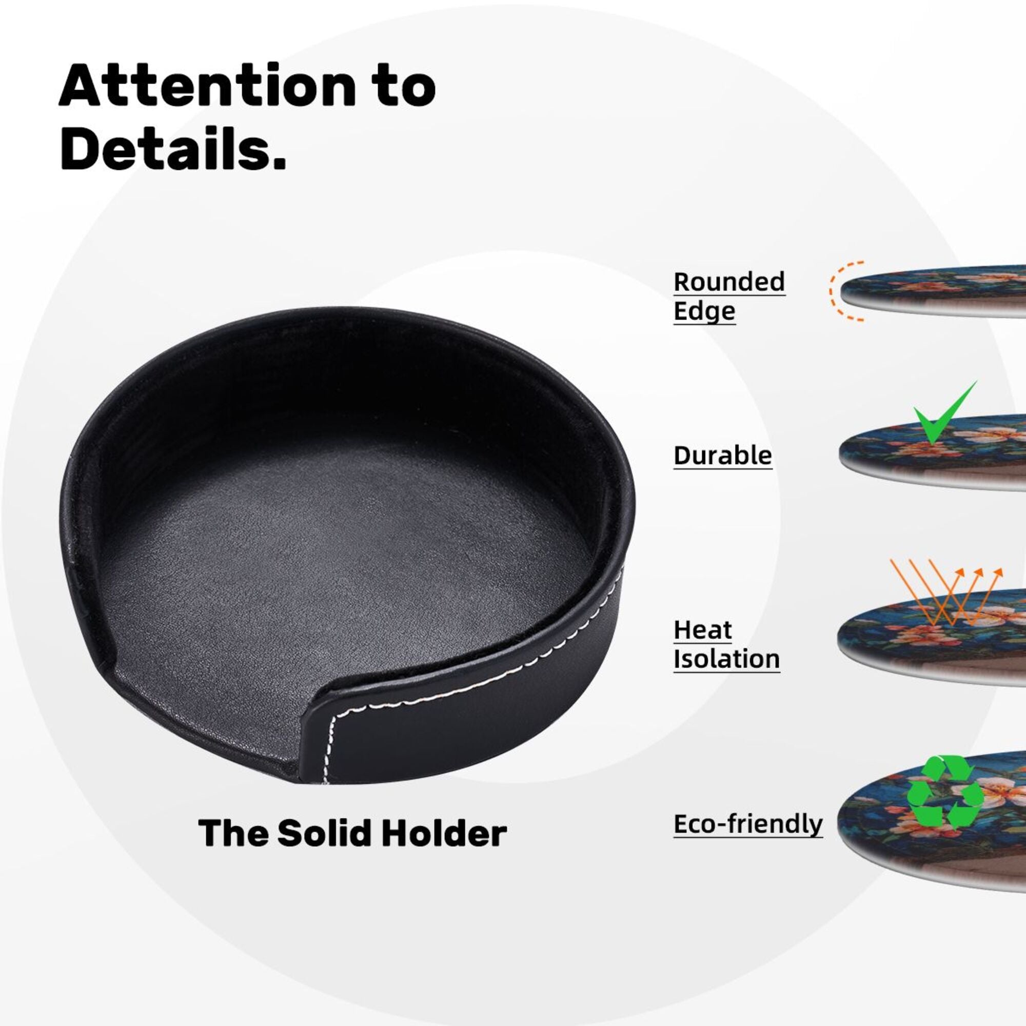 Round Leather Coaster Set of 6 with Artistic Floral Mural Design - Includes Storage Base, Heat - Insulation and Anti - Slip Coasters (Diameter 3.9in/10cm)