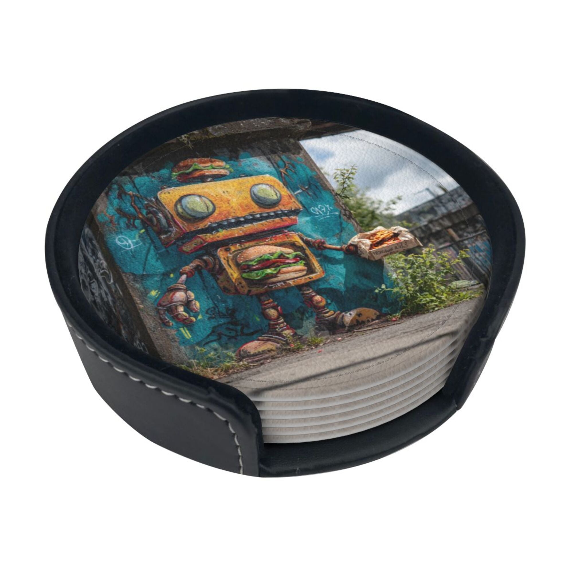 Round Leather Coaster Set of 6 with Street Art Robot Design - Includes Storage Base, Heat - Insulation and Anti - Slip Coasters (Diameter 3.9in/10cm)