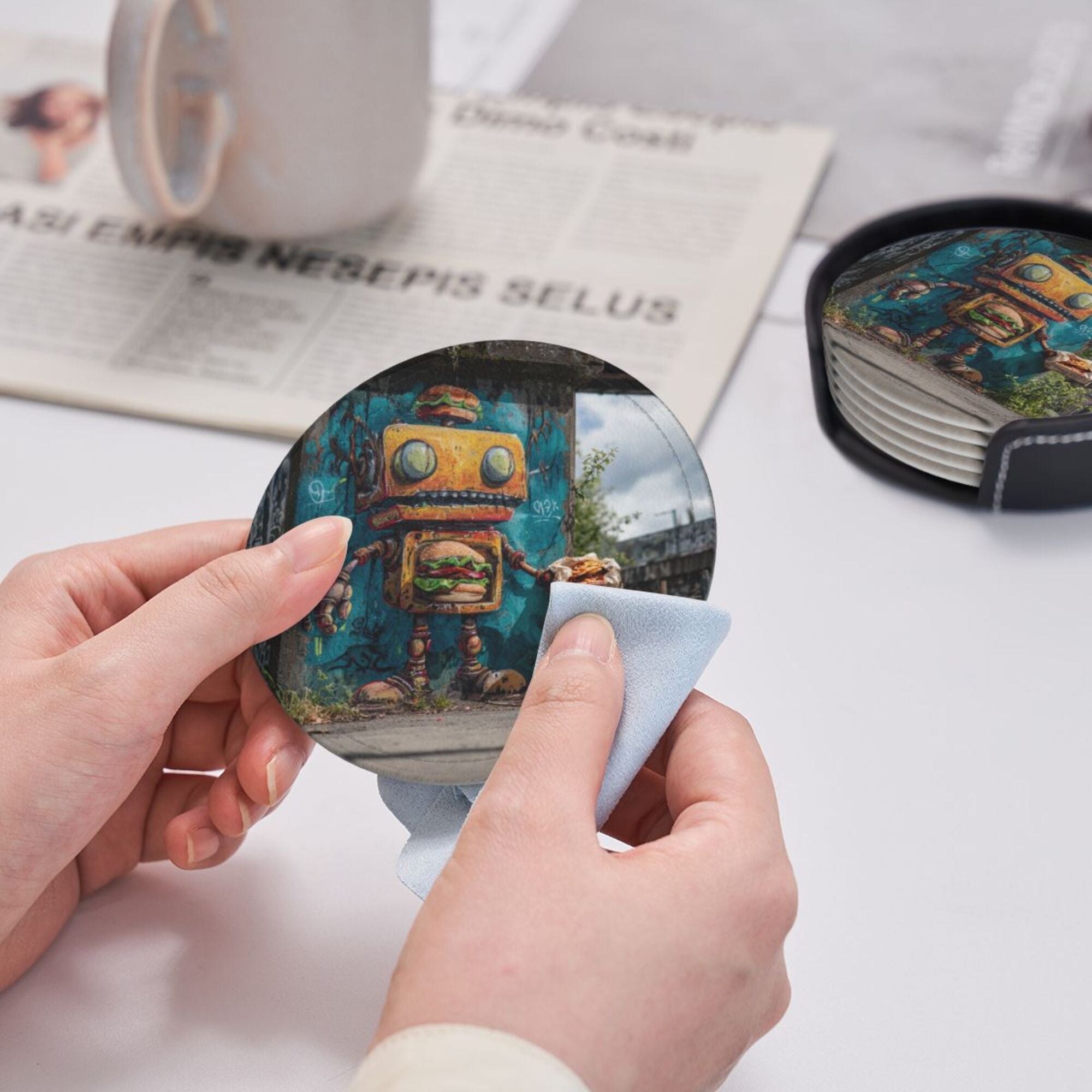 Round Leather Coaster Set of 6 with Street Art Robot Design - Includes Storage Base, Heat - Insulation and Anti - Slip Coasters (Diameter 3.9in/10cm)