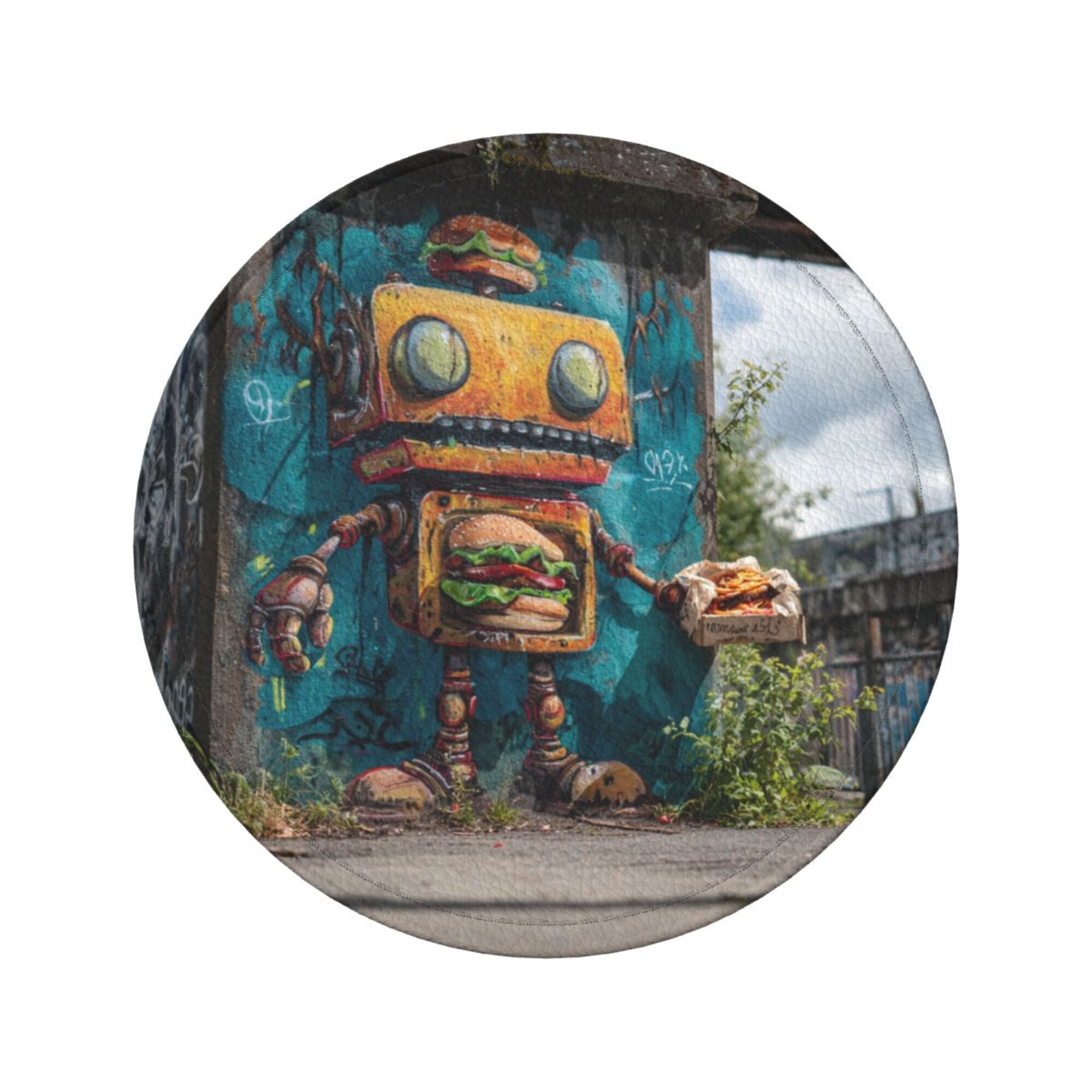 Round Leather Coaster Set of 6 with Street Art Robot Design - Includes Storage Base, Heat - Insulation and Anti - Slip Coasters (Diameter 3.9in/10cm)