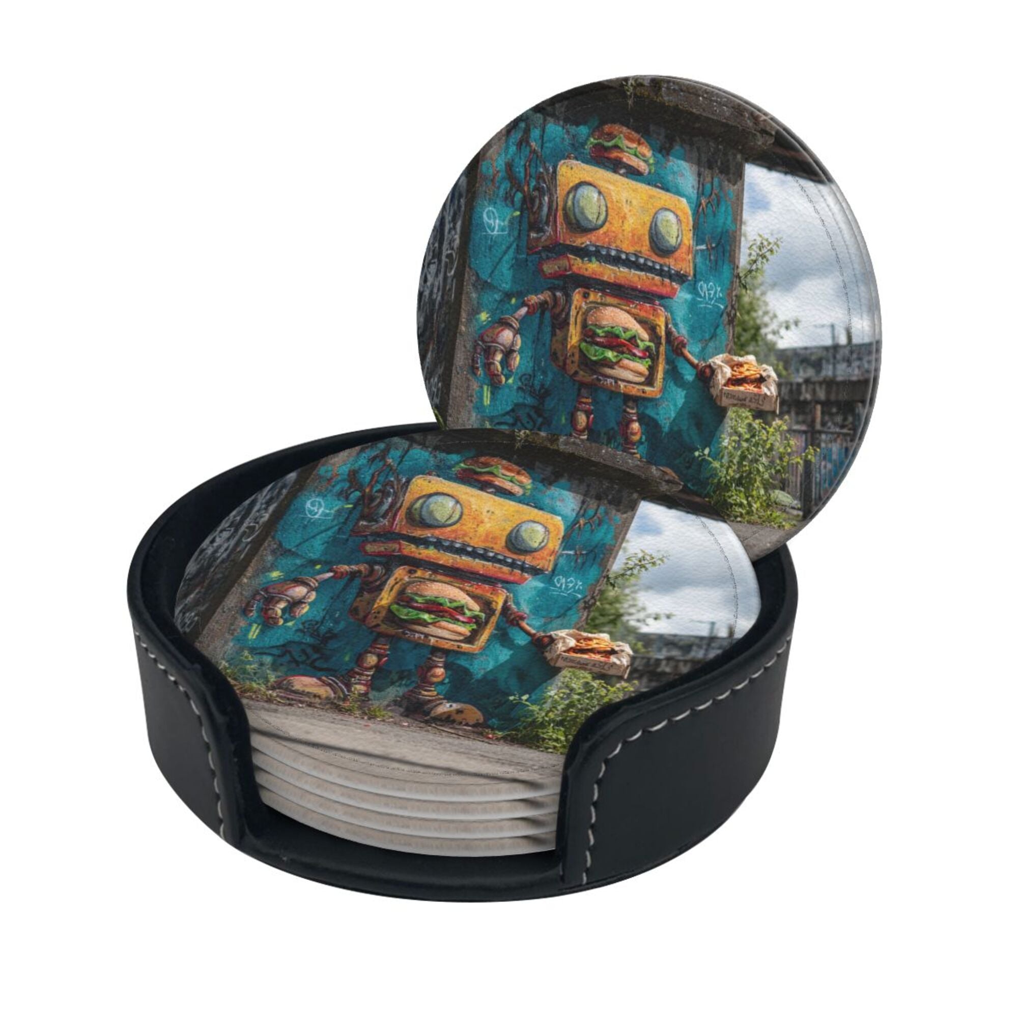 Round Leather Coaster Set of 6 with Street Art Robot Design - Includes Storage Base, Heat - Insulation and Anti - Slip Coasters (Diameter 3.9in/10cm)