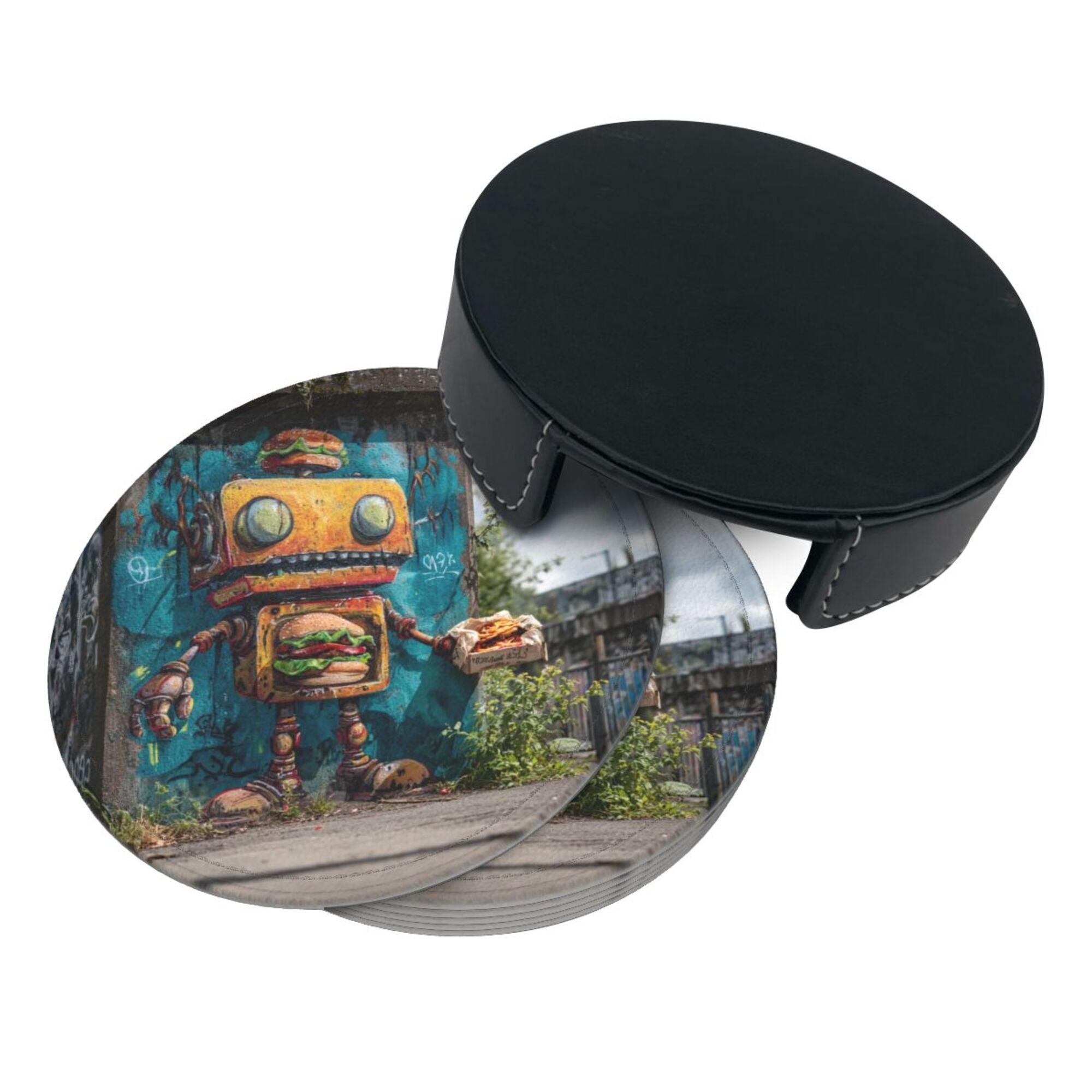 Round Leather Coaster Set of 6 with Street Art Robot Design - Includes Storage Base, Heat - Insulation and Anti - Slip Coasters (Diameter 3.9in/10cm)