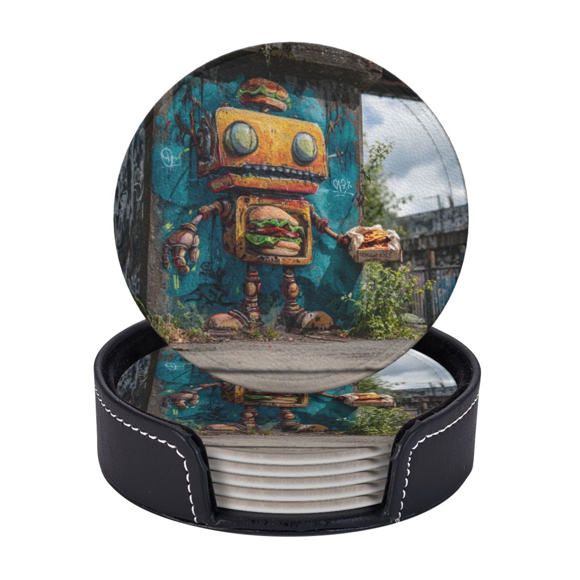 Round Leather Coaster Set of 6 with Street Art Robot Design - Includes Storage Base, Heat - Insulation and Anti - Slip Coasters (Diameter 3.9in/10cm)