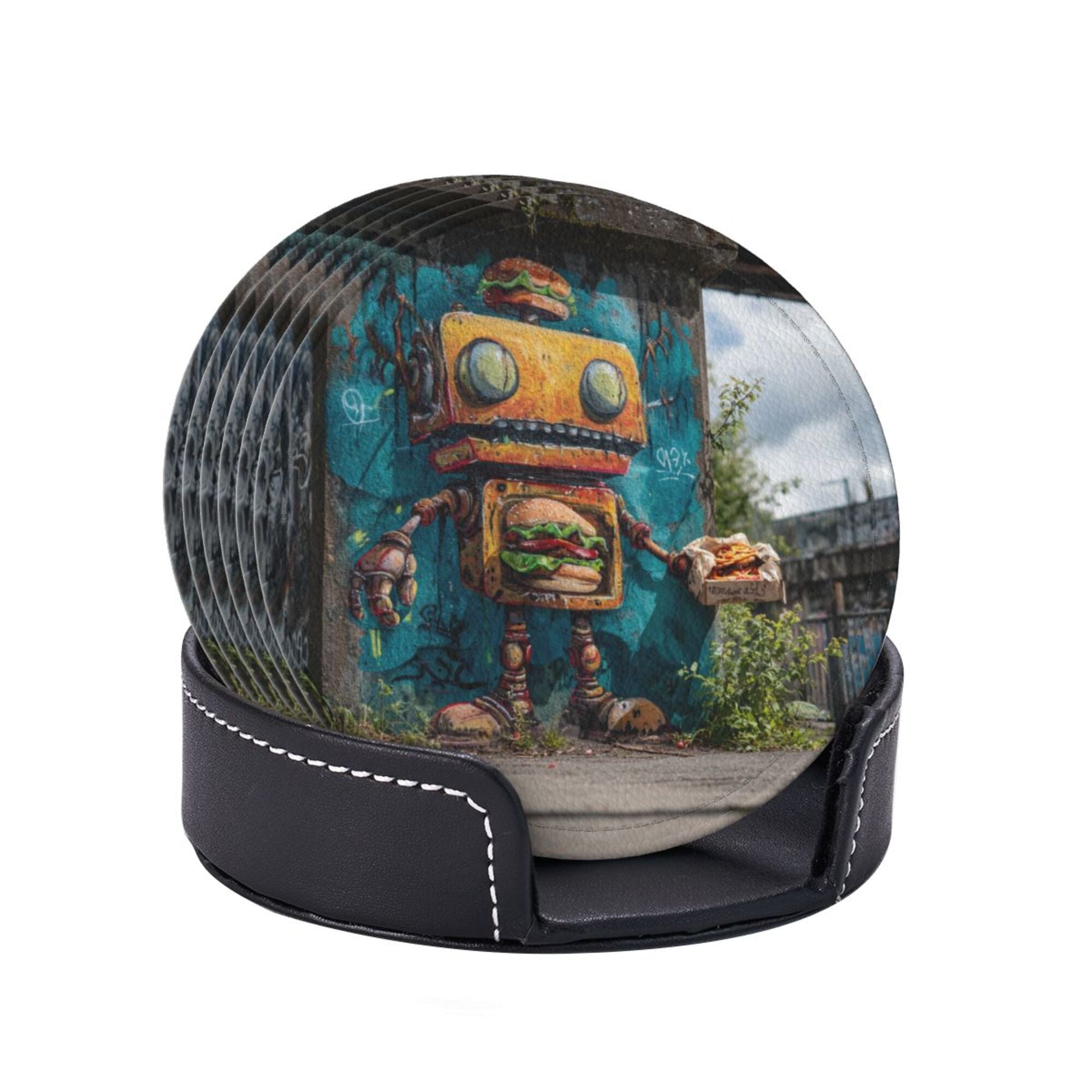 Round Leather Coaster Set of 6 with Street Art Robot Design - Includes Storage Base, Heat - Insulation and Anti - Slip Coasters (Diameter 3.9in/10cm)