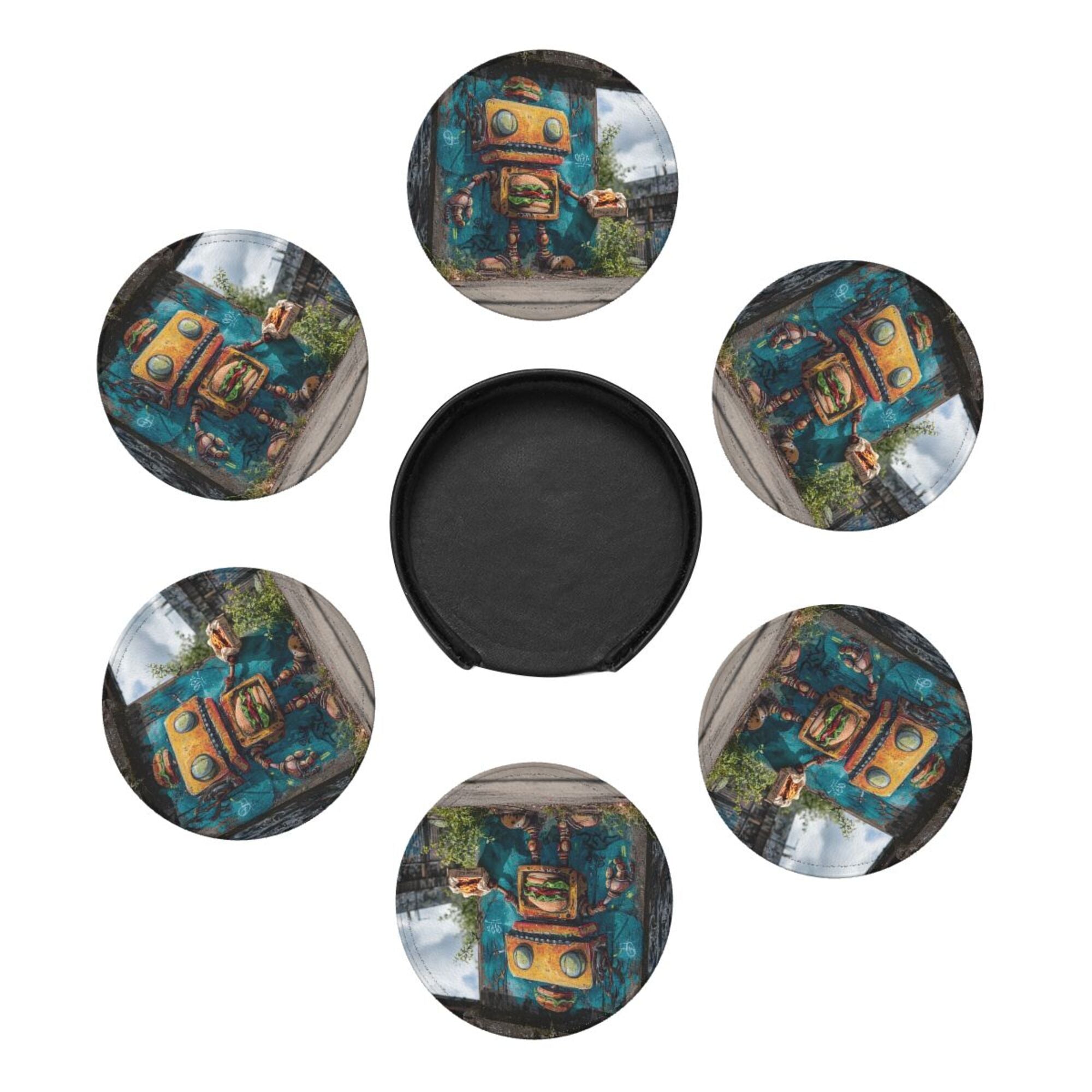 Round Leather Coaster Set of 6 with Street Art Robot Design - Includes Storage Base, Heat - Insulation and Anti - Slip Coasters (Diameter 3.9in/10cm)