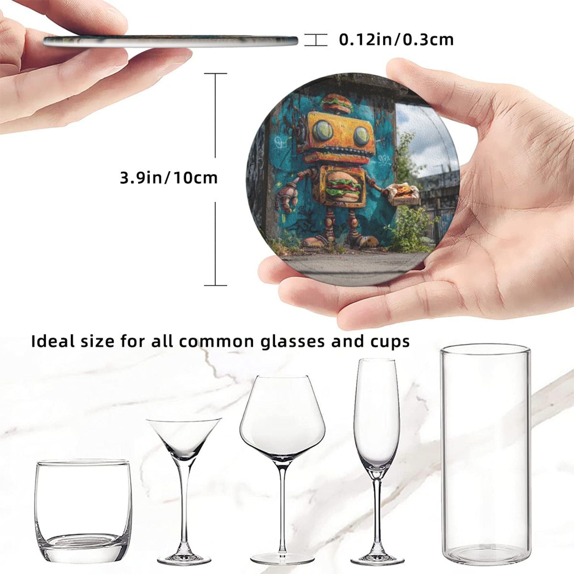 Round Leather Coaster Set of 6 with Street Art Robot Design - Includes Storage Base, Heat - Insulation and Anti - Slip Coasters (Diameter 3.9in/10cm)