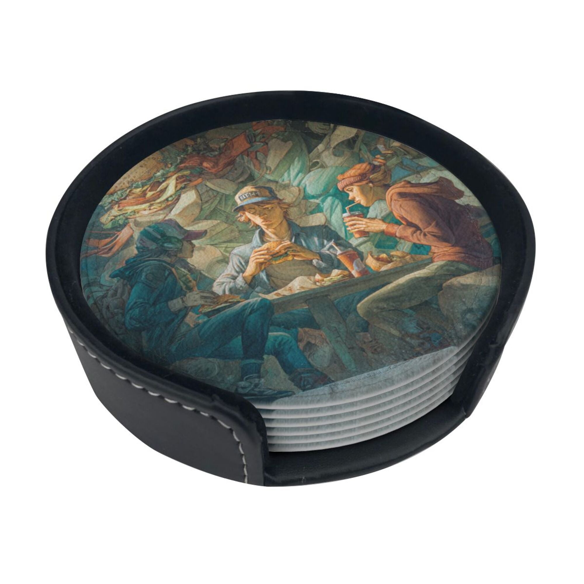 Round Leather Coaster Set of 6 with Artistic Gathering Scene Design - Includes Storage Base, Heat - Insulation and Anti - Slip Coasters (Diameter 3.9in/10cm)