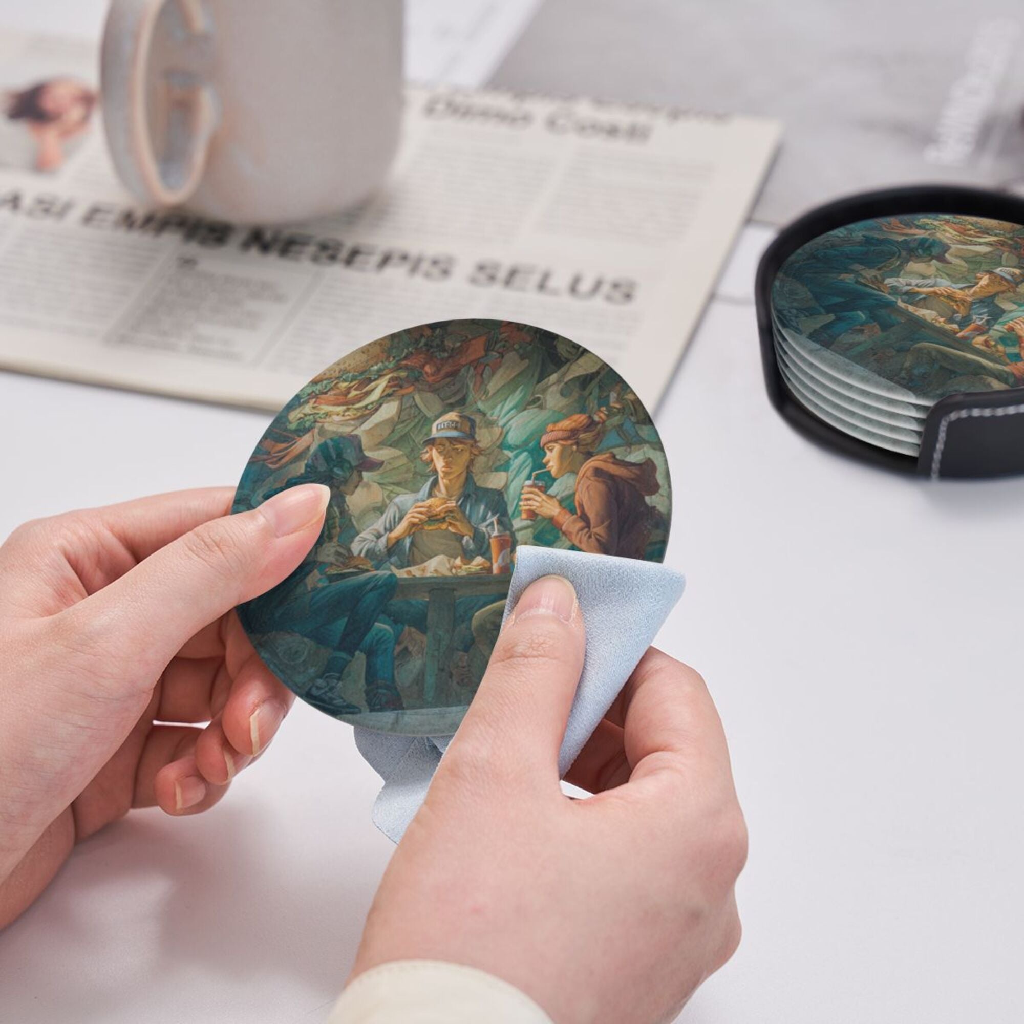 Round Leather Coaster Set of 6 with Artistic Gathering Scene Design - Includes Storage Base, Heat - Insulation and Anti - Slip Coasters (Diameter 3.9in/10cm)
