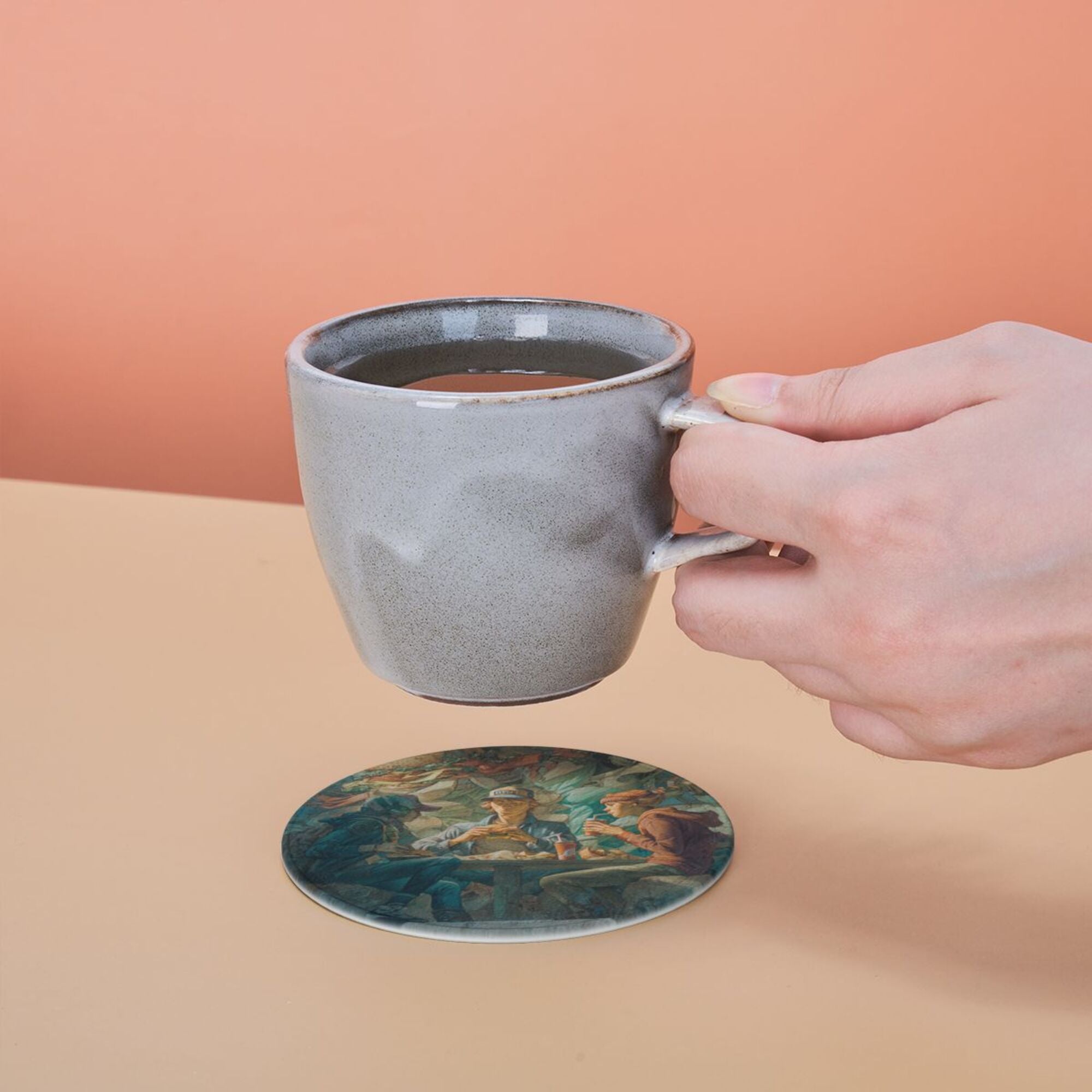 Round Leather Coaster Set of 6 with Artistic Gathering Scene Design - Includes Storage Base, Heat - Insulation and Anti - Slip Coasters (Diameter 3.9in/10cm)