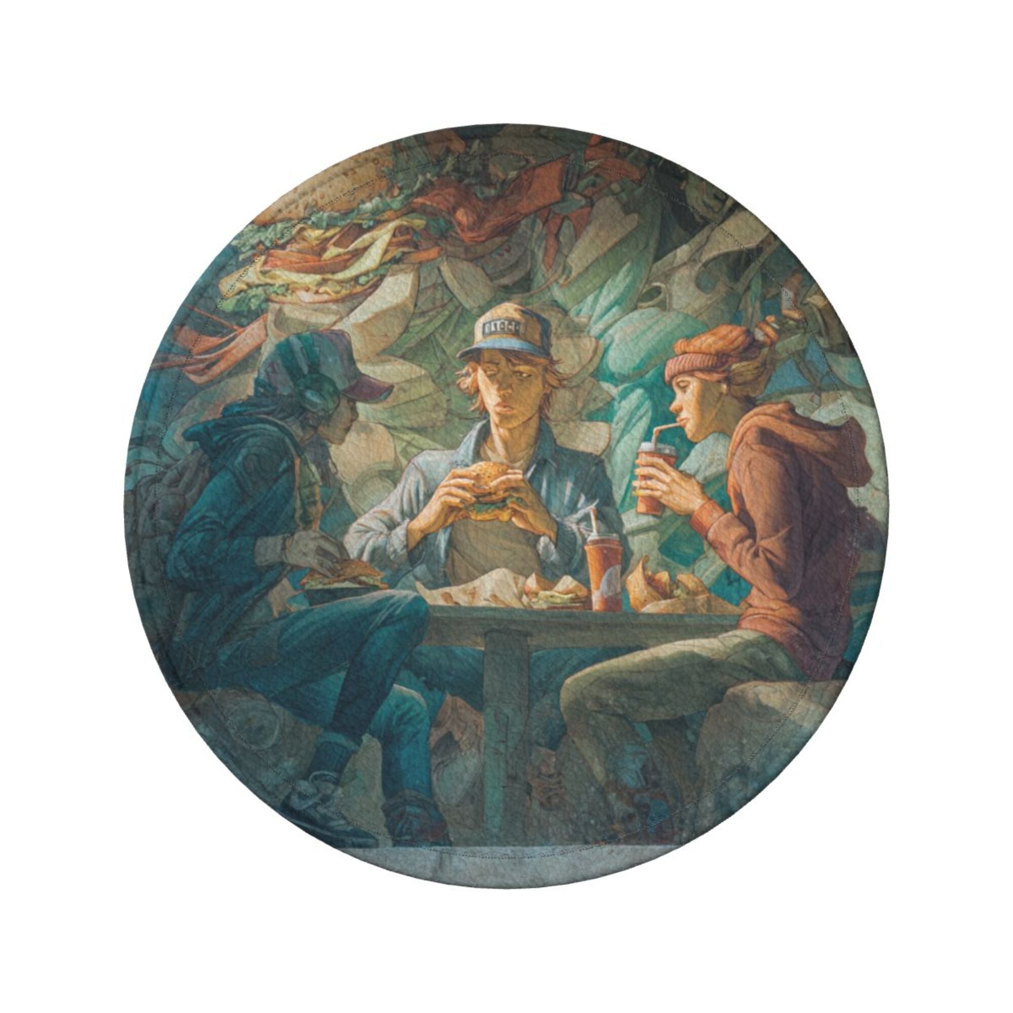 Round Leather Coaster Set of 6 with Artistic Gathering Scene Design - Includes Storage Base, Heat - Insulation and Anti - Slip Coasters (Diameter 3.9in/10cm)