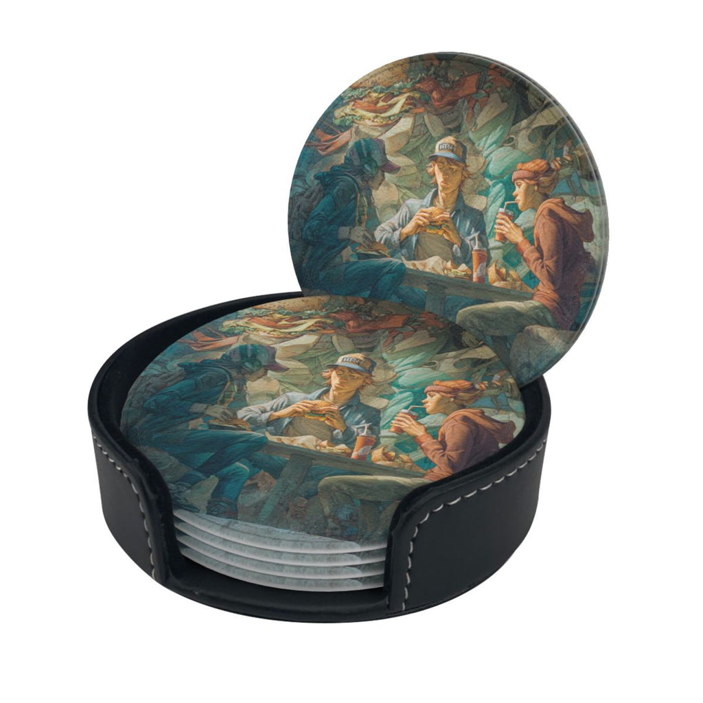 Round Leather Coaster Set of 6 with Artistic Gathering Scene Design - Includes Storage Base, Heat - Insulation and Anti - Slip Coasters (Diameter 3.9in/10cm)