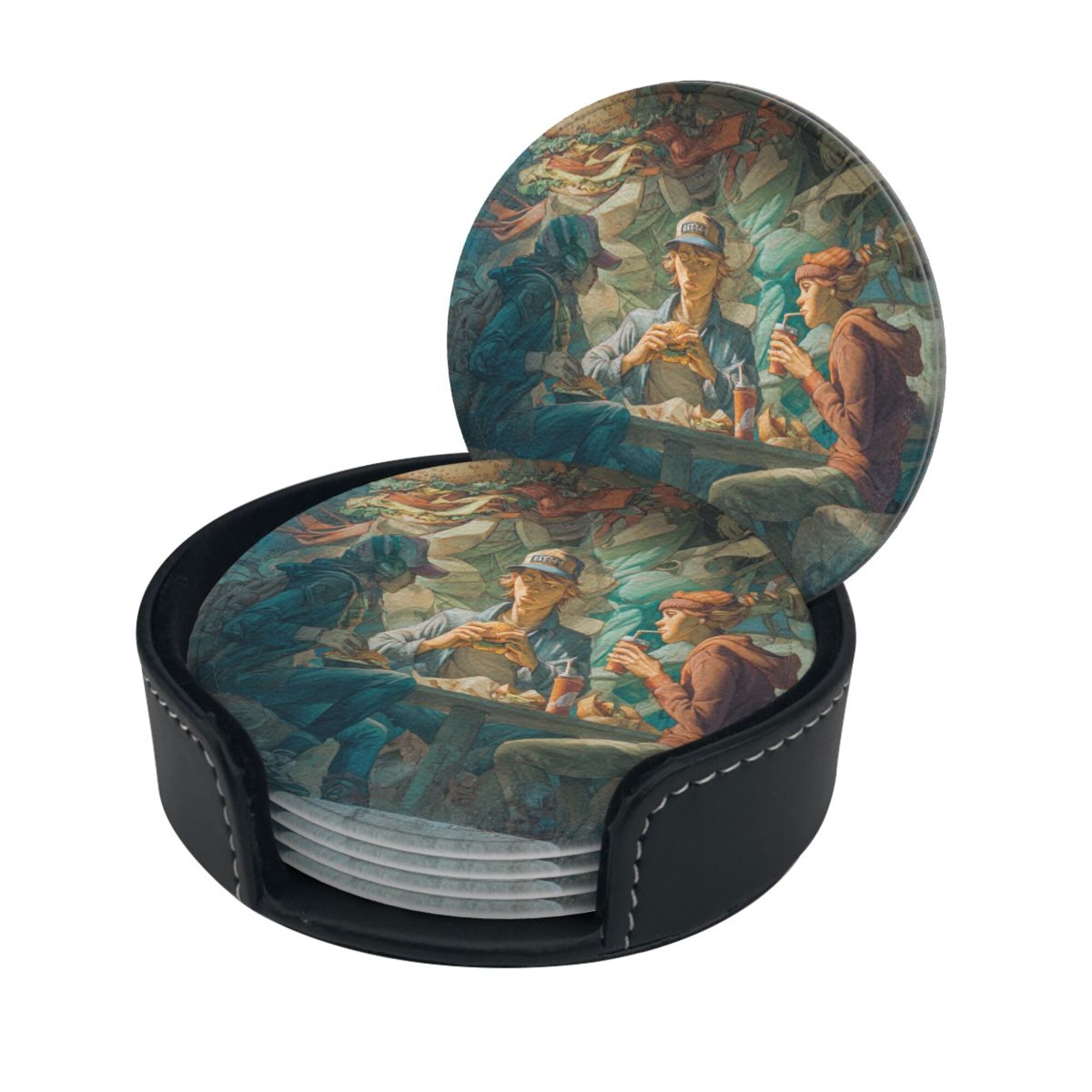 Round Leather Coaster Set of 6 with Artistic Gathering Scene Design - Includes Storage Base, Heat - Insulation and Anti - Slip Coasters (Diameter 3.9in/10cm)