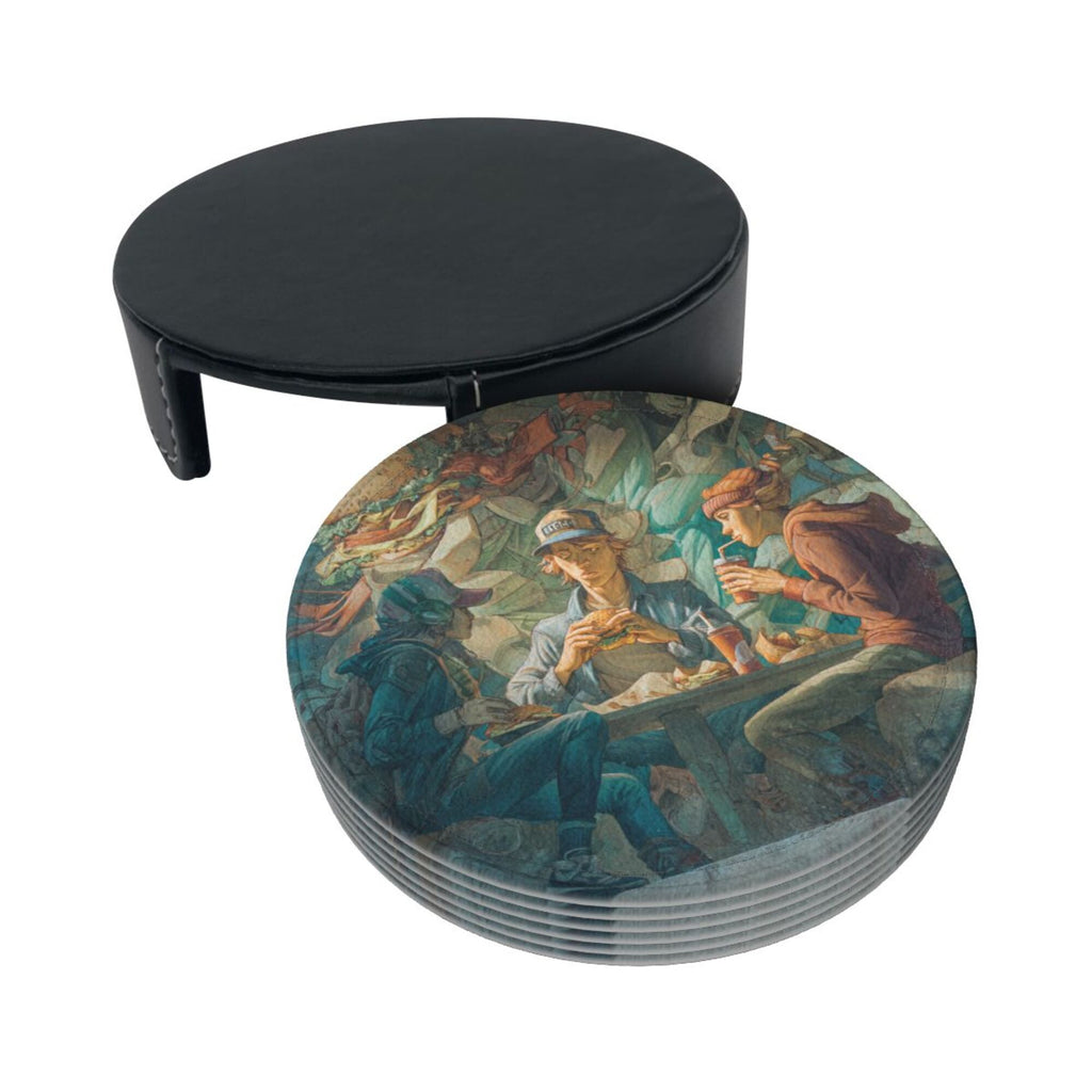 Round Leather Coaster Set of 6 with Artistic Gathering Scene Design - Includes Storage Base, Heat - Insulation and Anti - Slip Coasters (Diameter 3.9in/10cm)