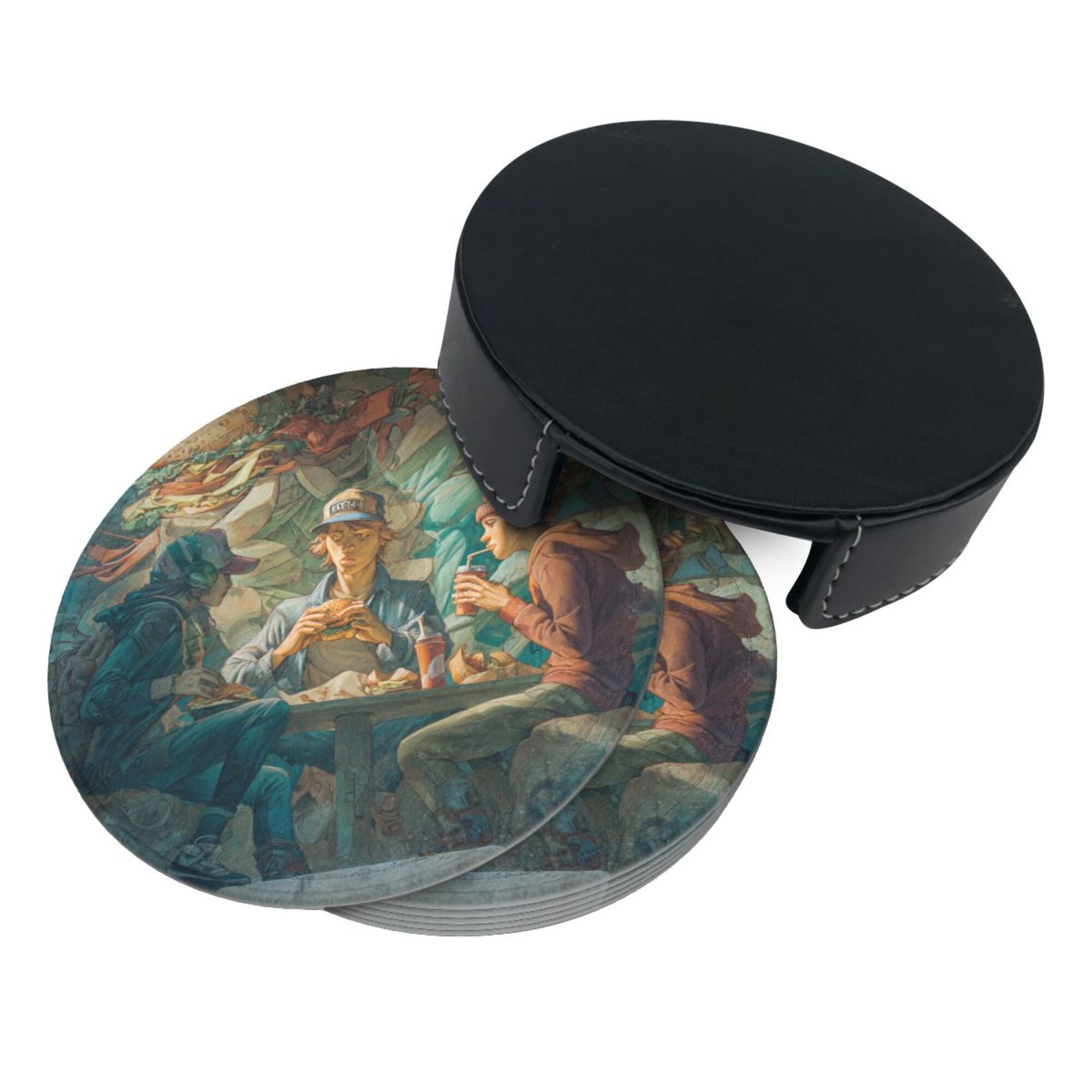 Round Leather Coaster Set of 6 with Artistic Gathering Scene Design - Includes Storage Base, Heat - Insulation and Anti - Slip Coasters (Diameter 3.9in/10cm)
