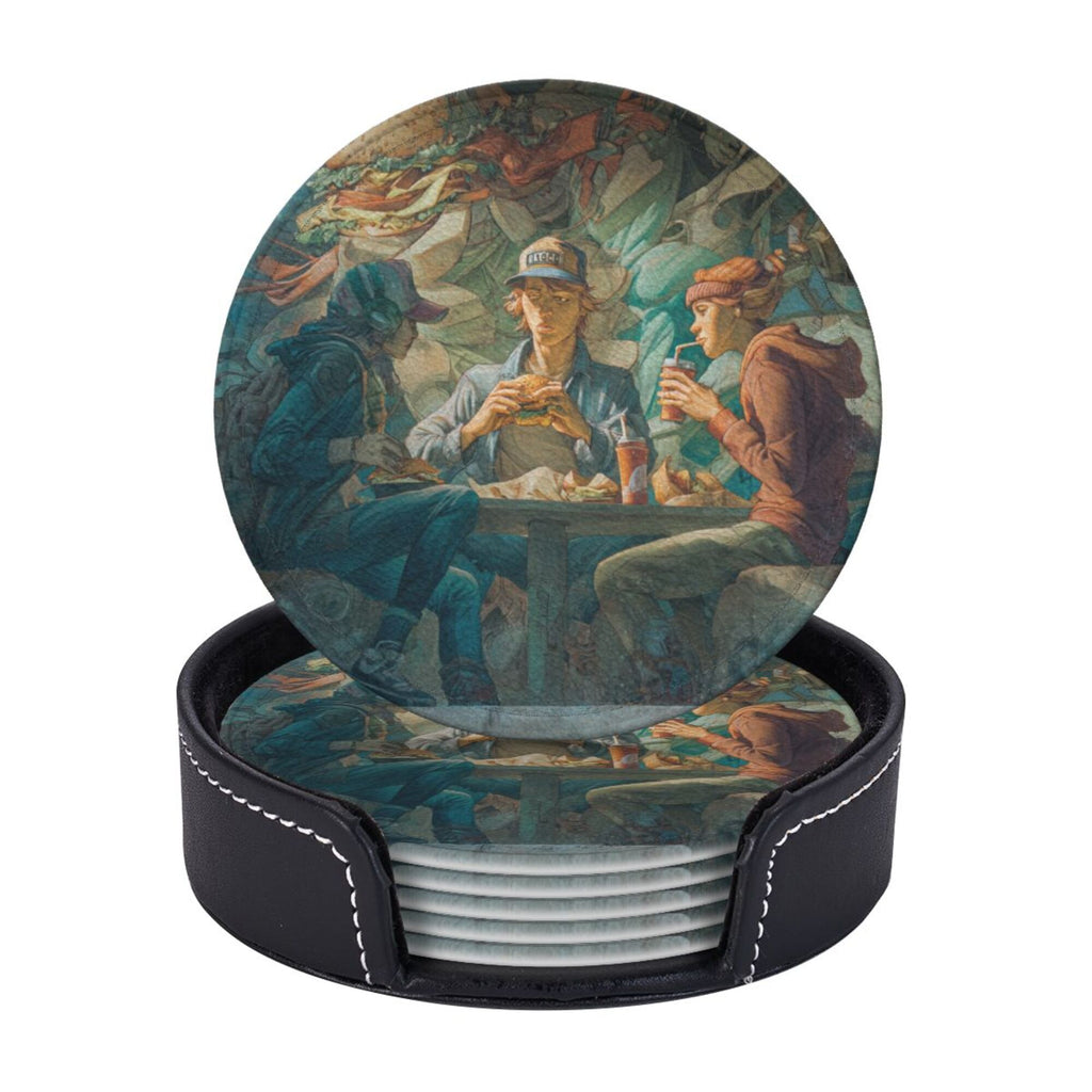 Round Leather Coaster Set of 6 with Artistic Gathering Scene Design - Includes Storage Base, Heat - Insulation and Anti - Slip Coasters (Diameter 3.9in/10cm)
