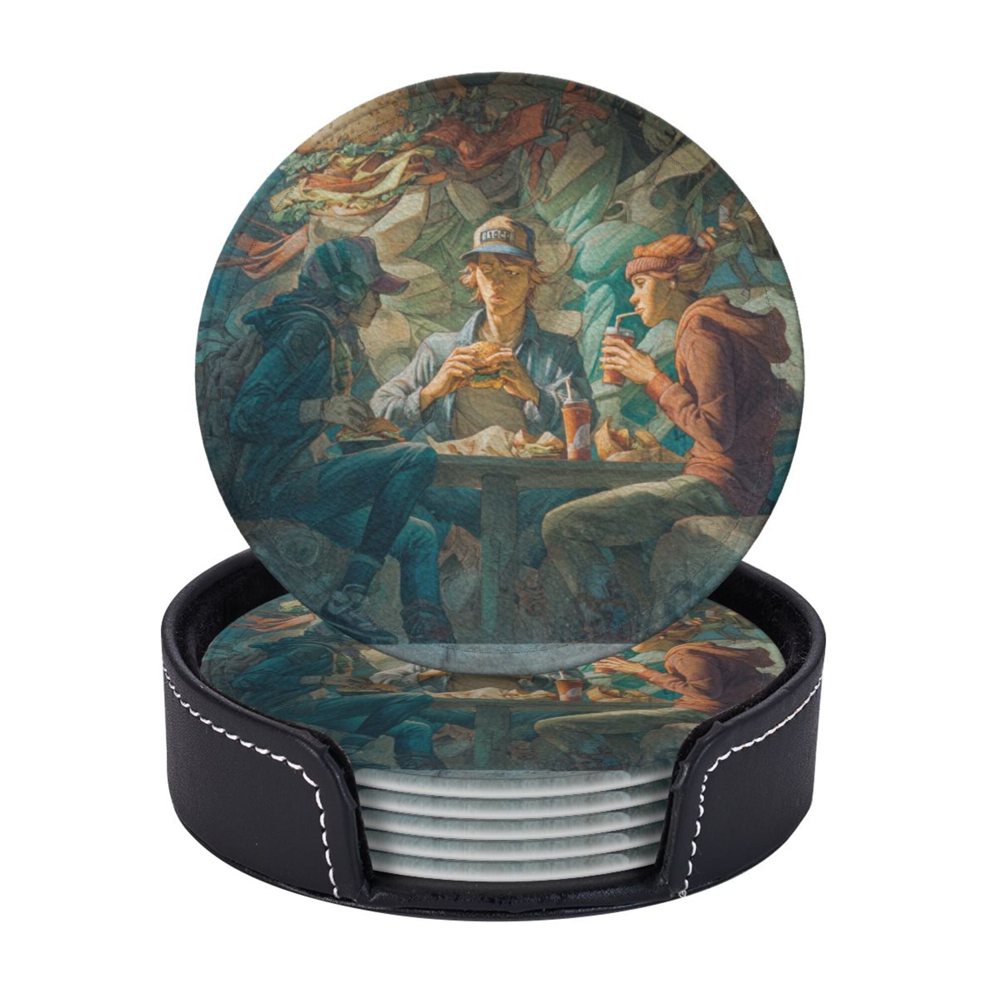 Round Leather Coaster Set of 6 with Artistic Gathering Scene Design - Includes Storage Base, Heat - Insulation and Anti - Slip Coasters (Diameter 3.9in/10cm)
