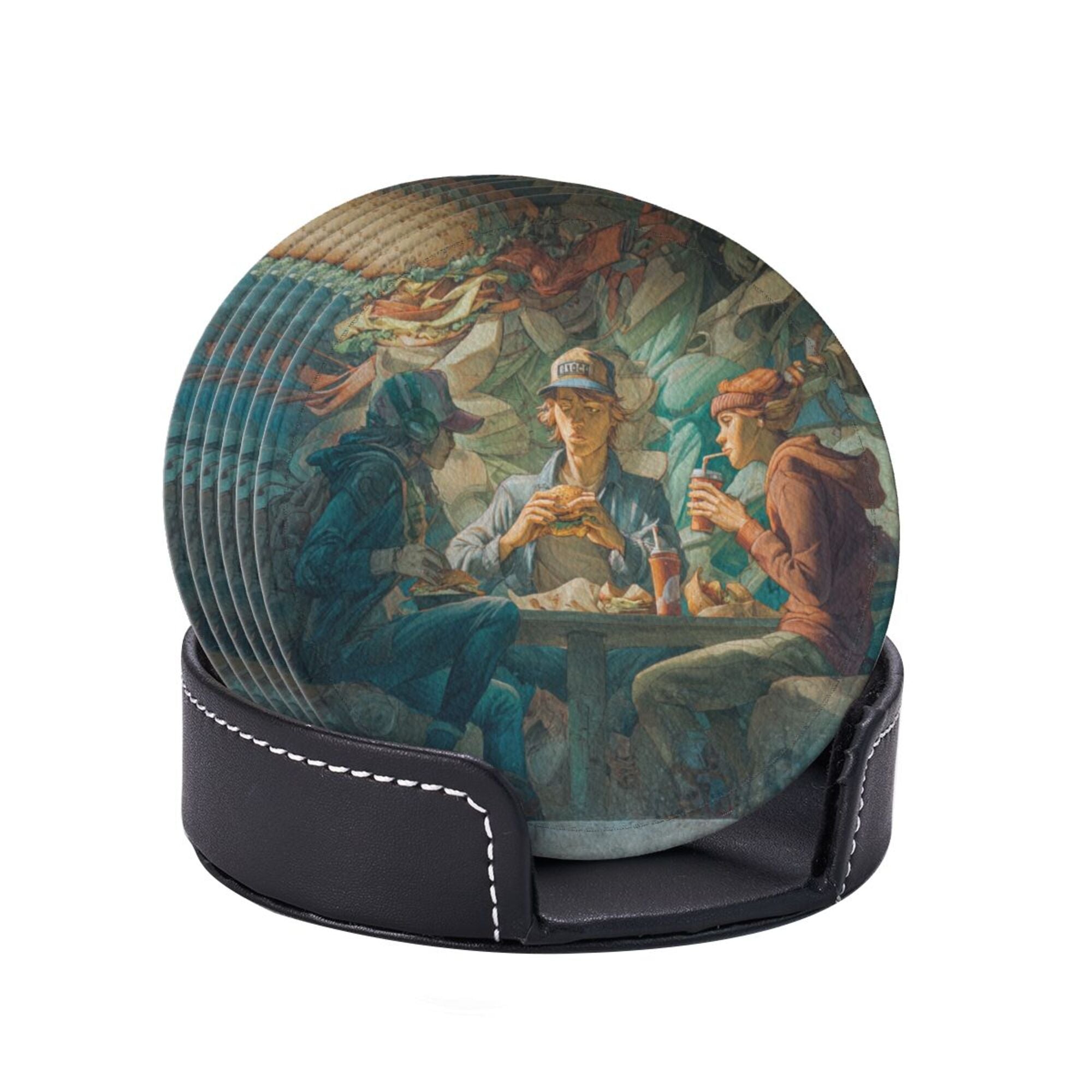 Round Leather Coaster Set of 6 with Artistic Gathering Scene Design - Includes Storage Base, Heat - Insulation and Anti - Slip Coasters (Diameter 3.9in/10cm)