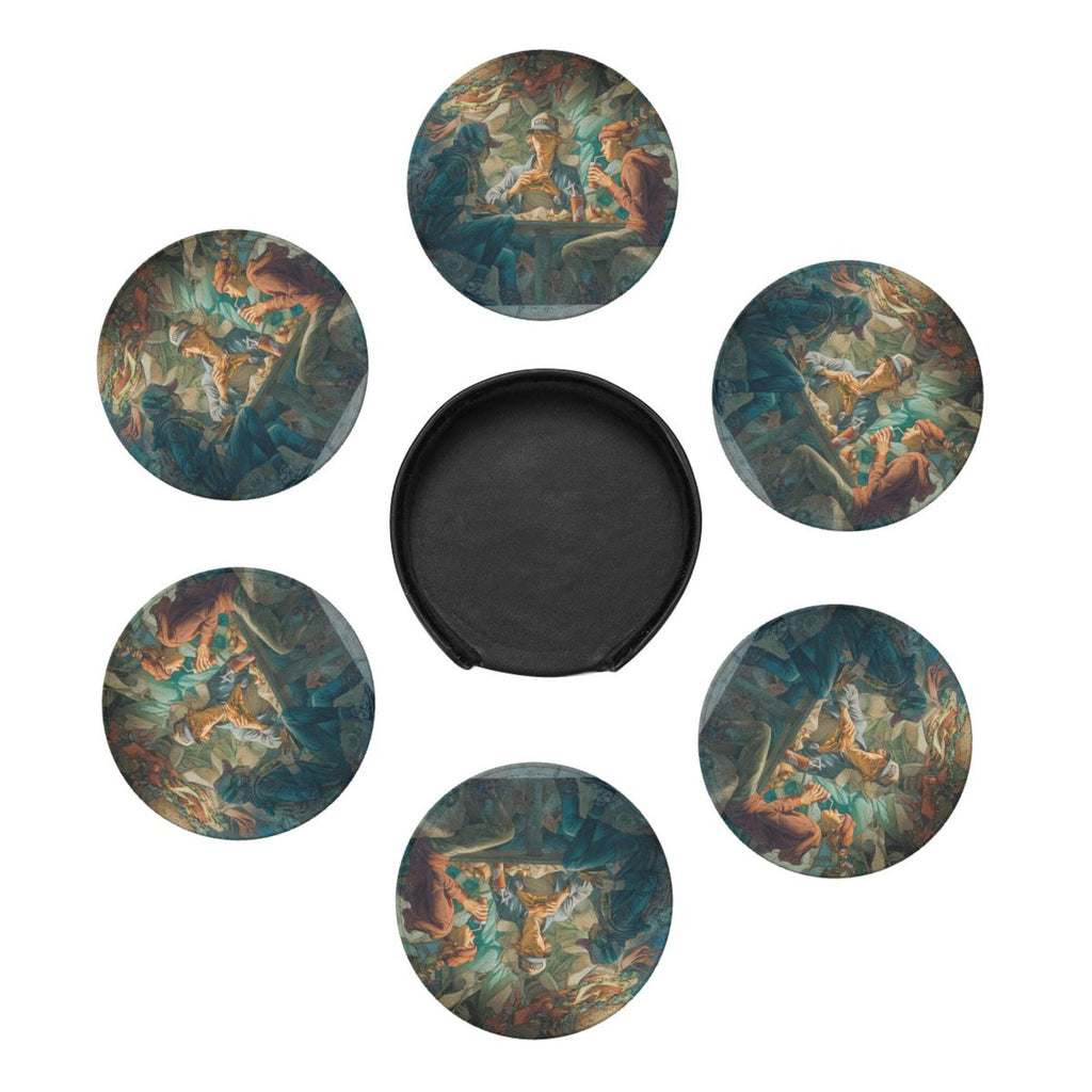 Round Leather Coaster Set of 6 with Artistic Gathering Scene Design - Includes Storage Base, Heat - Insulation and Anti - Slip Coasters (Diameter 3.9in/10cm)