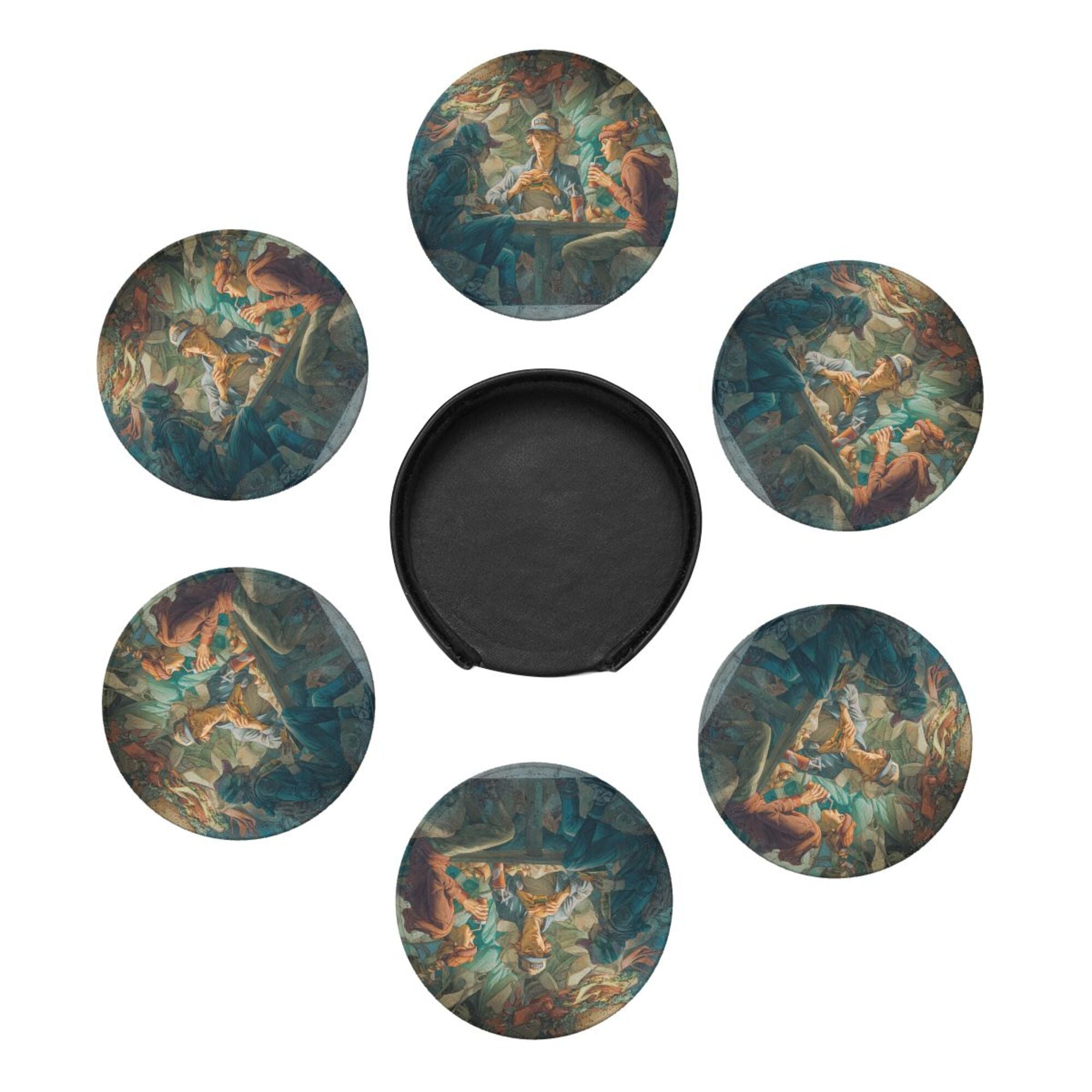 Round Leather Coaster Set of 6 with Artistic Gathering Scene Design - Includes Storage Base, Heat - Insulation and Anti - Slip Coasters (Diameter 3.9in/10cm)