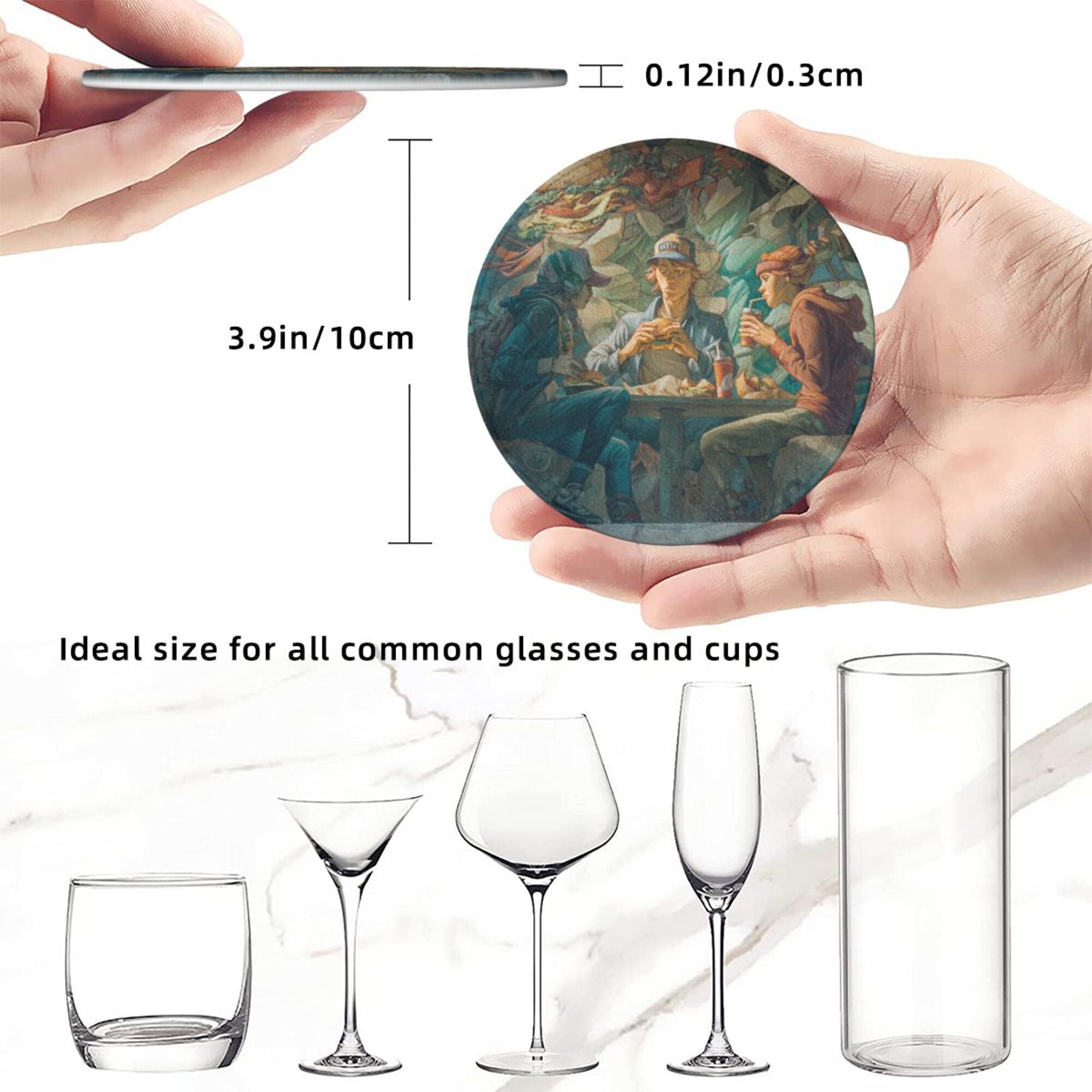 Round Leather Coaster Set of 6 with Artistic Gathering Scene Design - Includes Storage Base, Heat - Insulation and Anti - Slip Coasters (Diameter 3.9in/10cm)