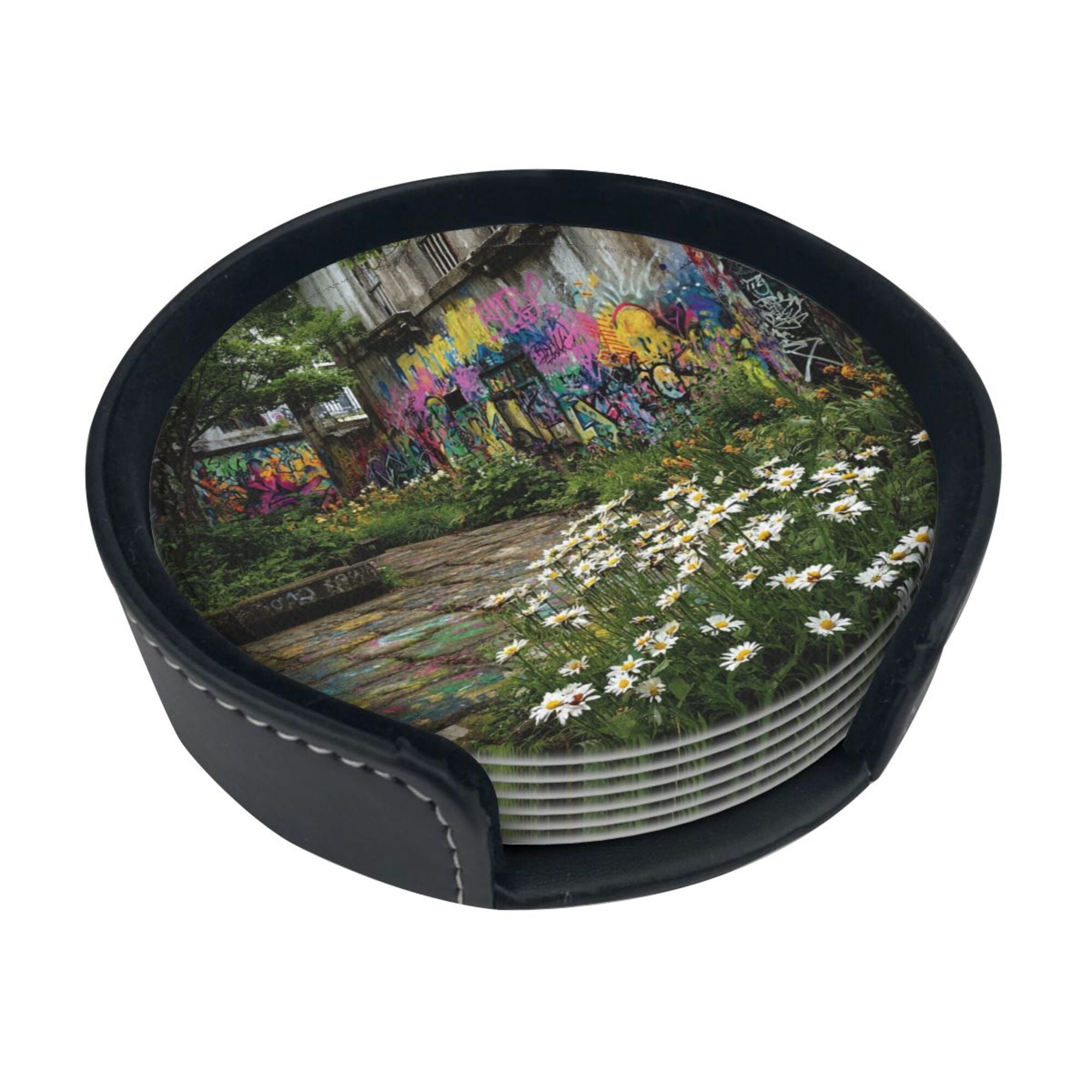 Round Leather Coaster Set of 6 with Street Graffiti and Daisy Scenery Design - Includes Storage Base, Heat - Insulation and Anti - Slip Coasters (Diameter 3.9in/10cm)