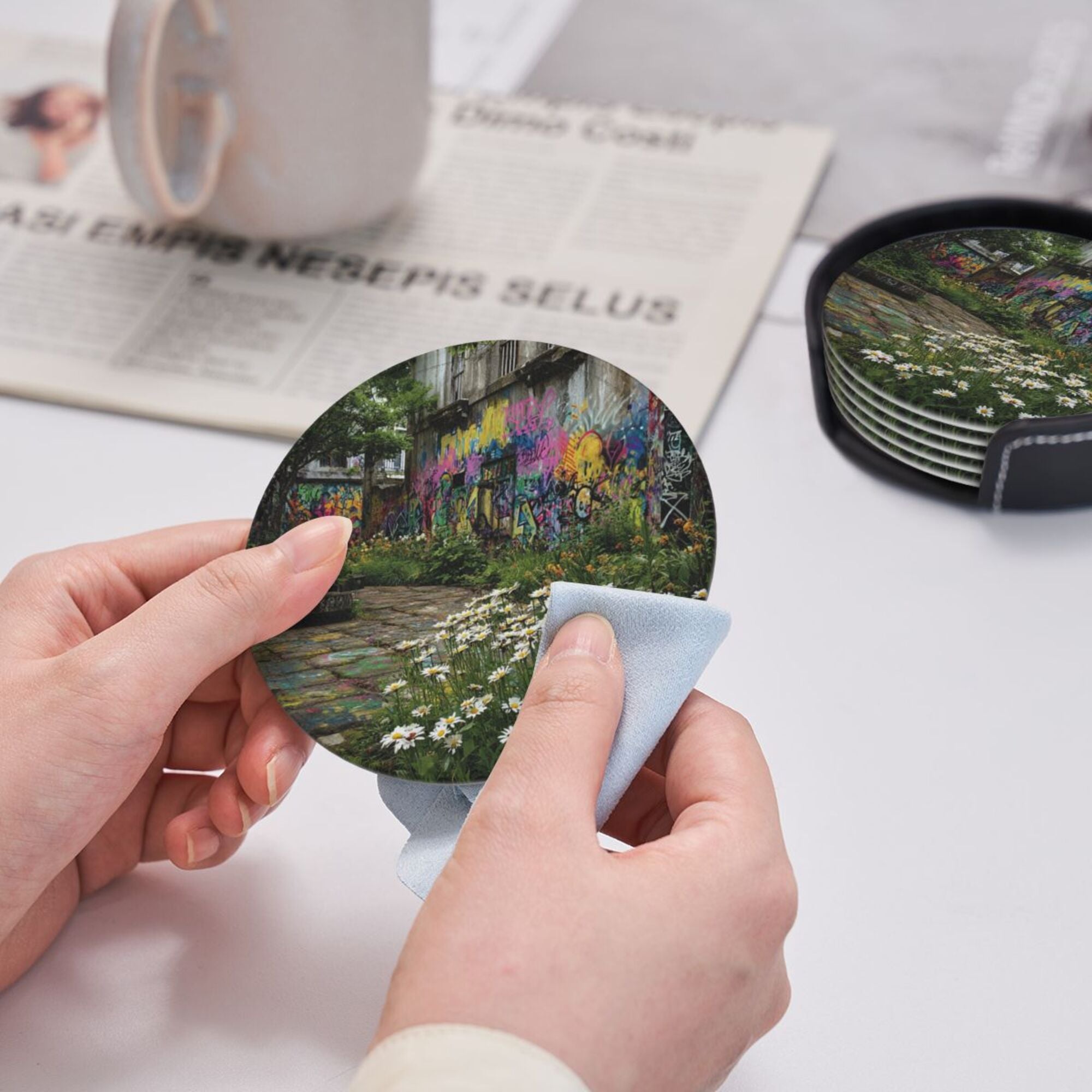 Round Leather Coaster Set of 6 with Street Graffiti and Daisy Scenery Design - Includes Storage Base, Heat - Insulation and Anti - Slip Coasters (Diameter 3.9in/10cm)