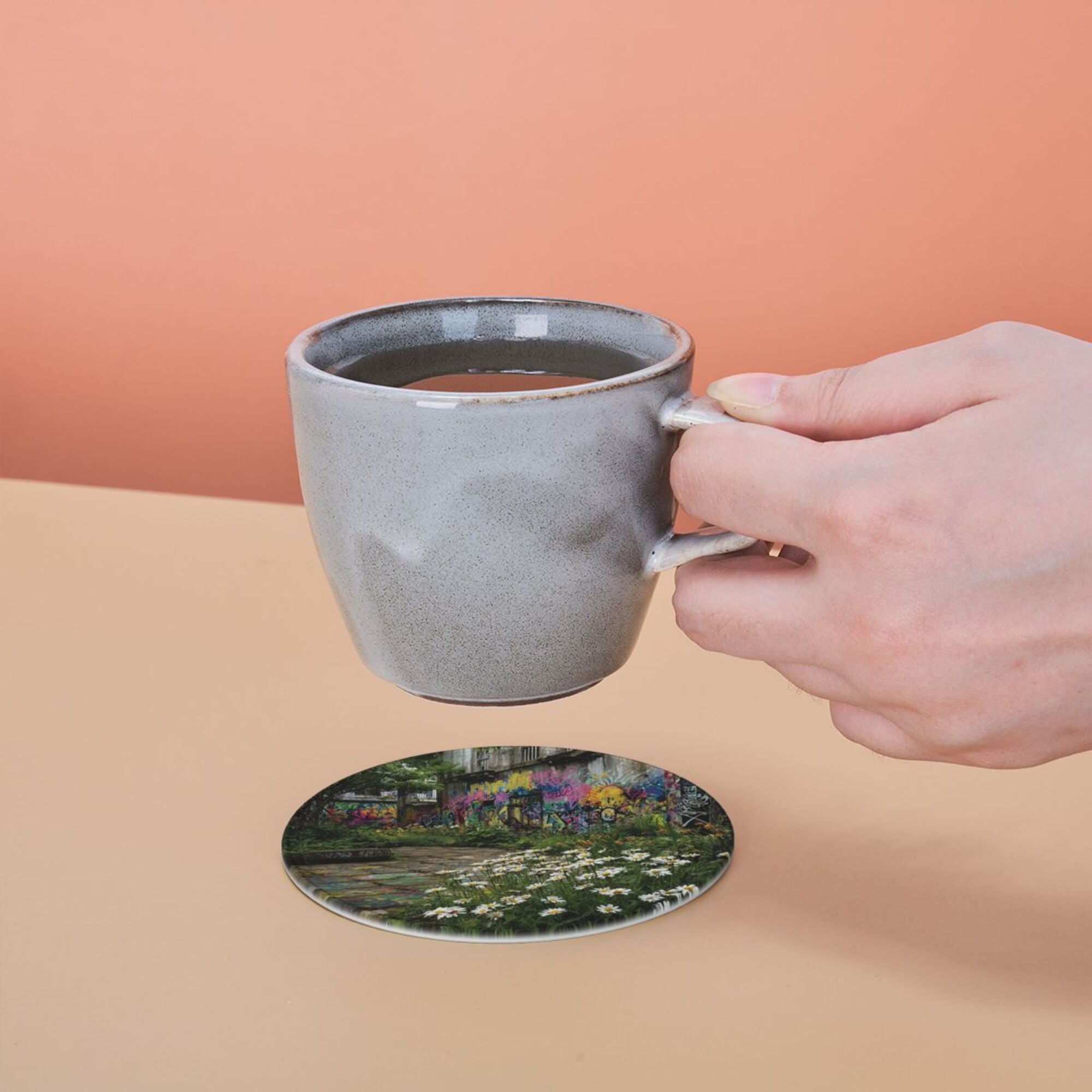 Round Leather Coaster Set of 6 with Street Graffiti and Daisy Scenery Design - Includes Storage Base, Heat - Insulation and Anti - Slip Coasters (Diameter 3.9in/10cm)