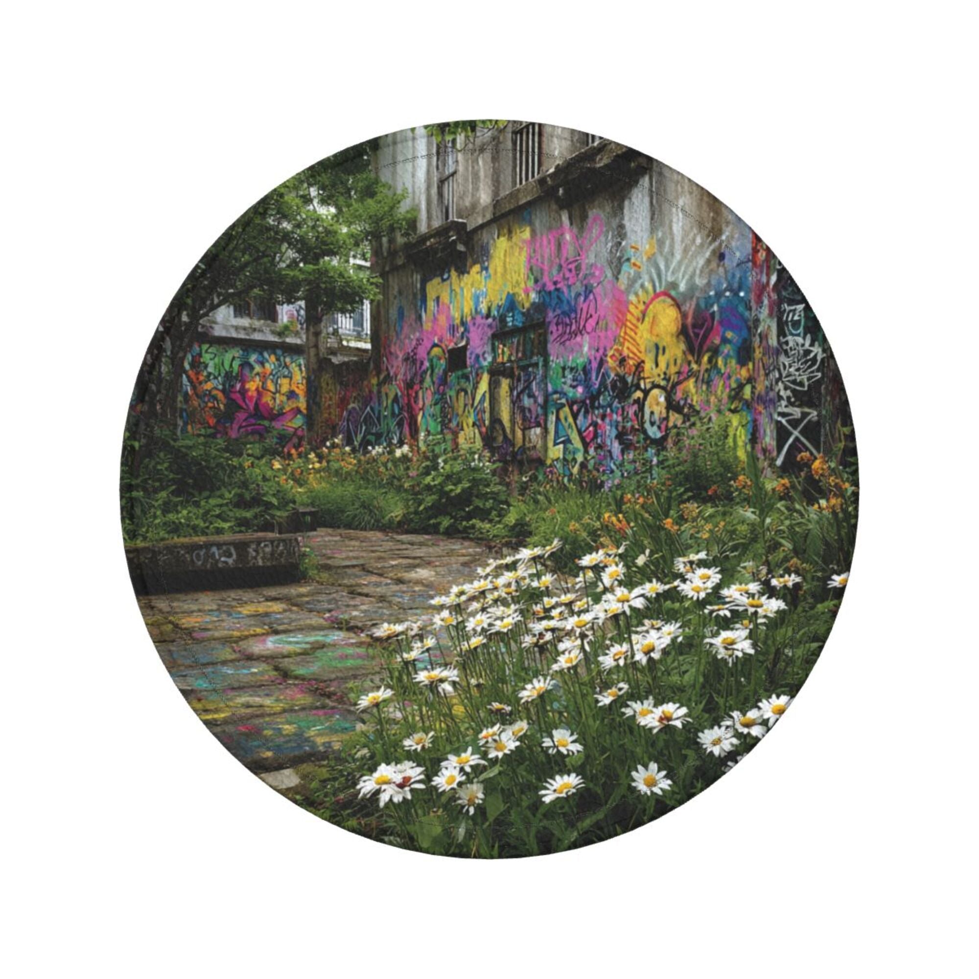 Round Leather Coaster Set of 6 with Street Graffiti and Daisy Scenery Design - Includes Storage Base, Heat - Insulation and Anti - Slip Coasters (Diameter 3.9in/10cm)