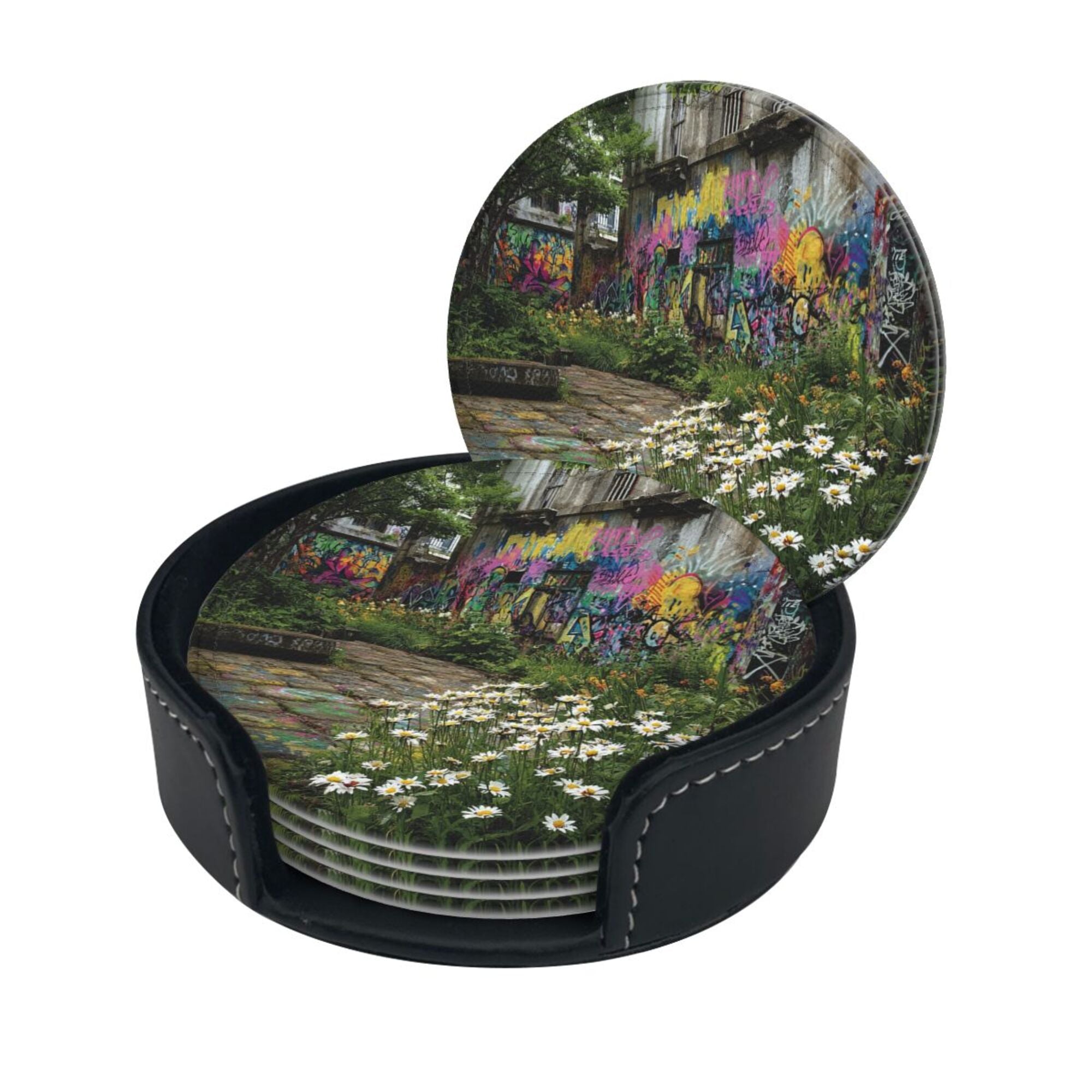 Round Leather Coaster Set of 6 with Street Graffiti and Daisy Scenery Design - Includes Storage Base, Heat - Insulation and Anti - Slip Coasters (Diameter 3.9in/10cm)