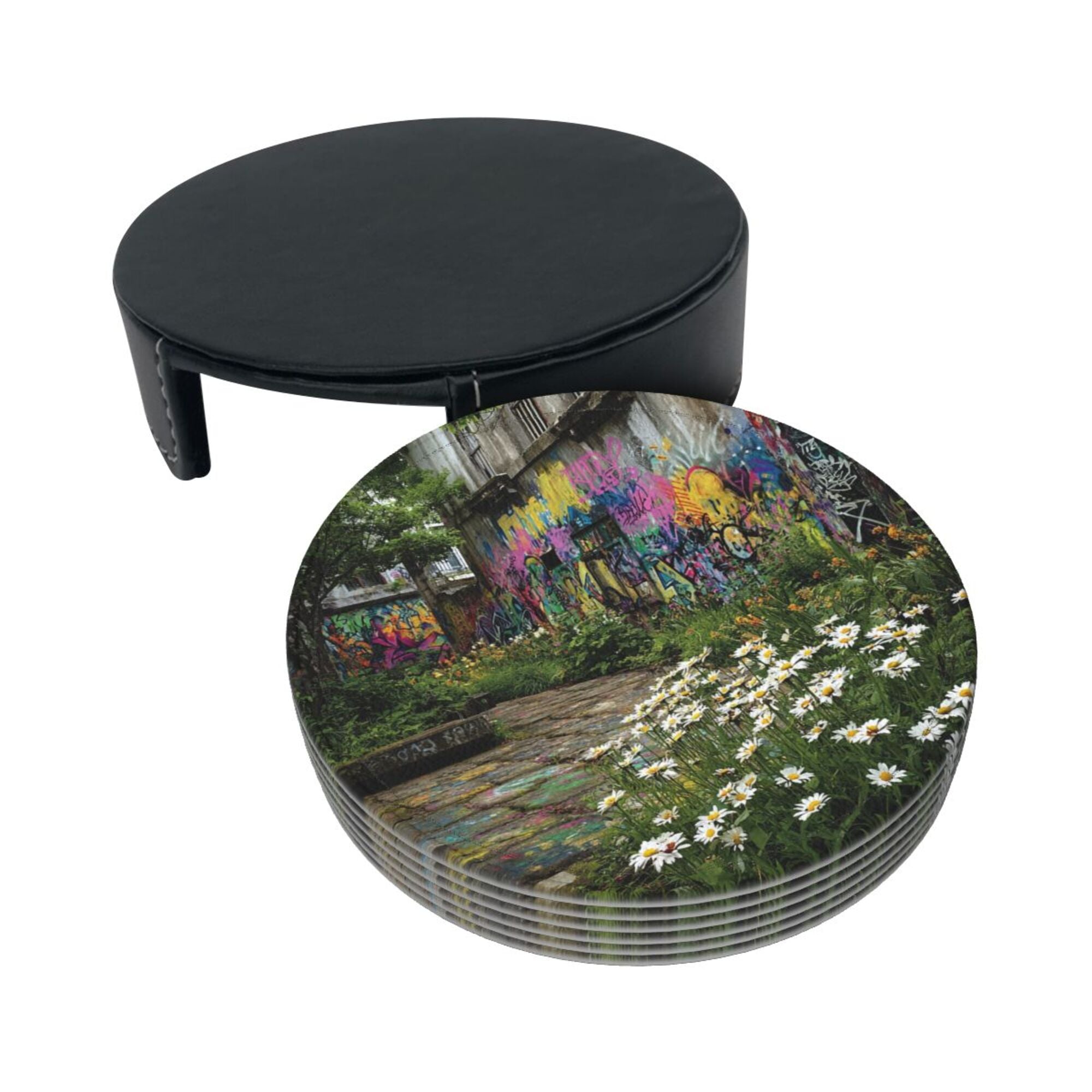 Round Leather Coaster Set of 6 with Street Graffiti and Daisy Scenery Design - Includes Storage Base, Heat - Insulation and Anti - Slip Coasters (Diameter 3.9in/10cm)